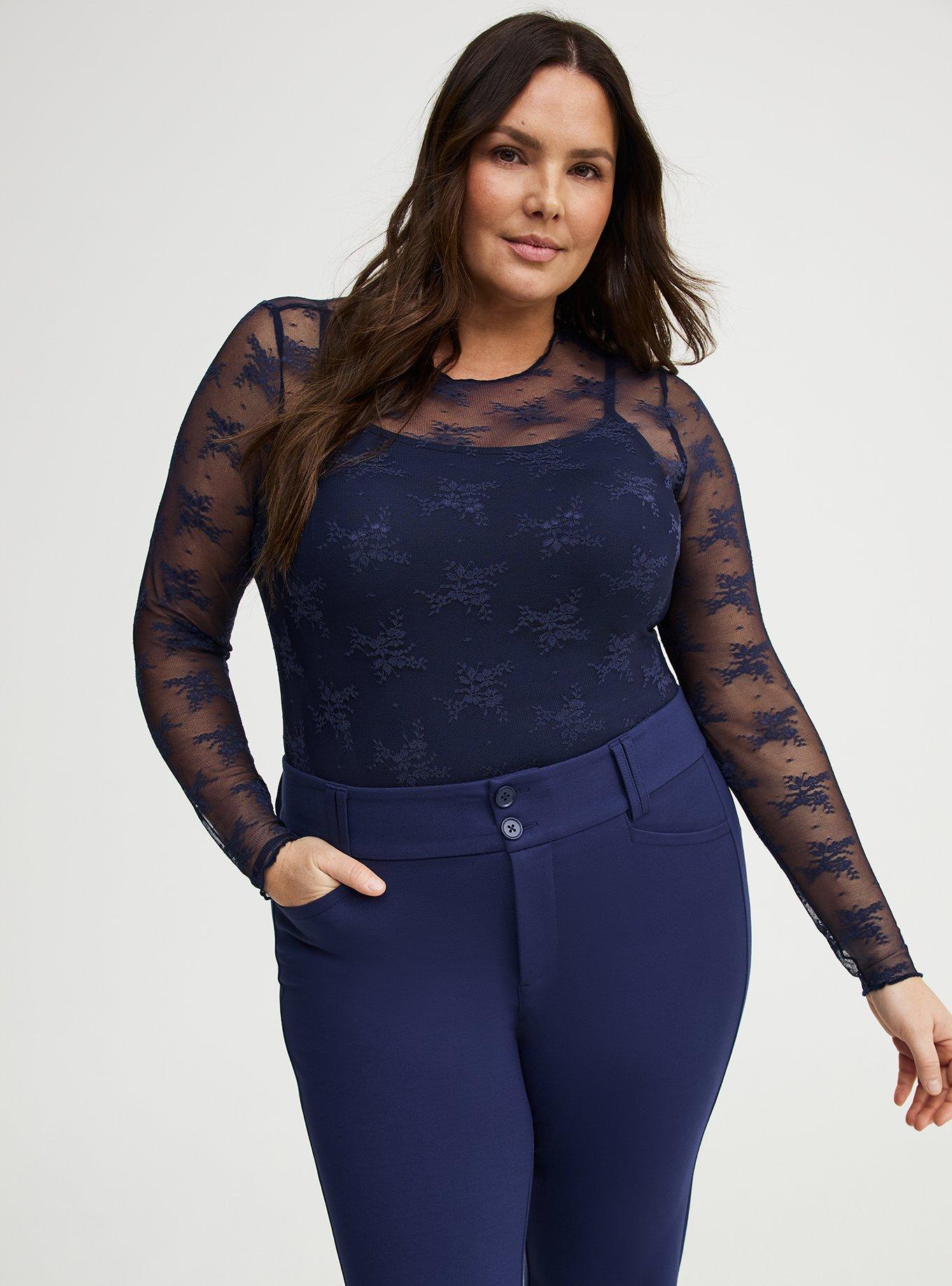 Sheer Lace Long Sleeve Crew Top, PEACOAT, alternate