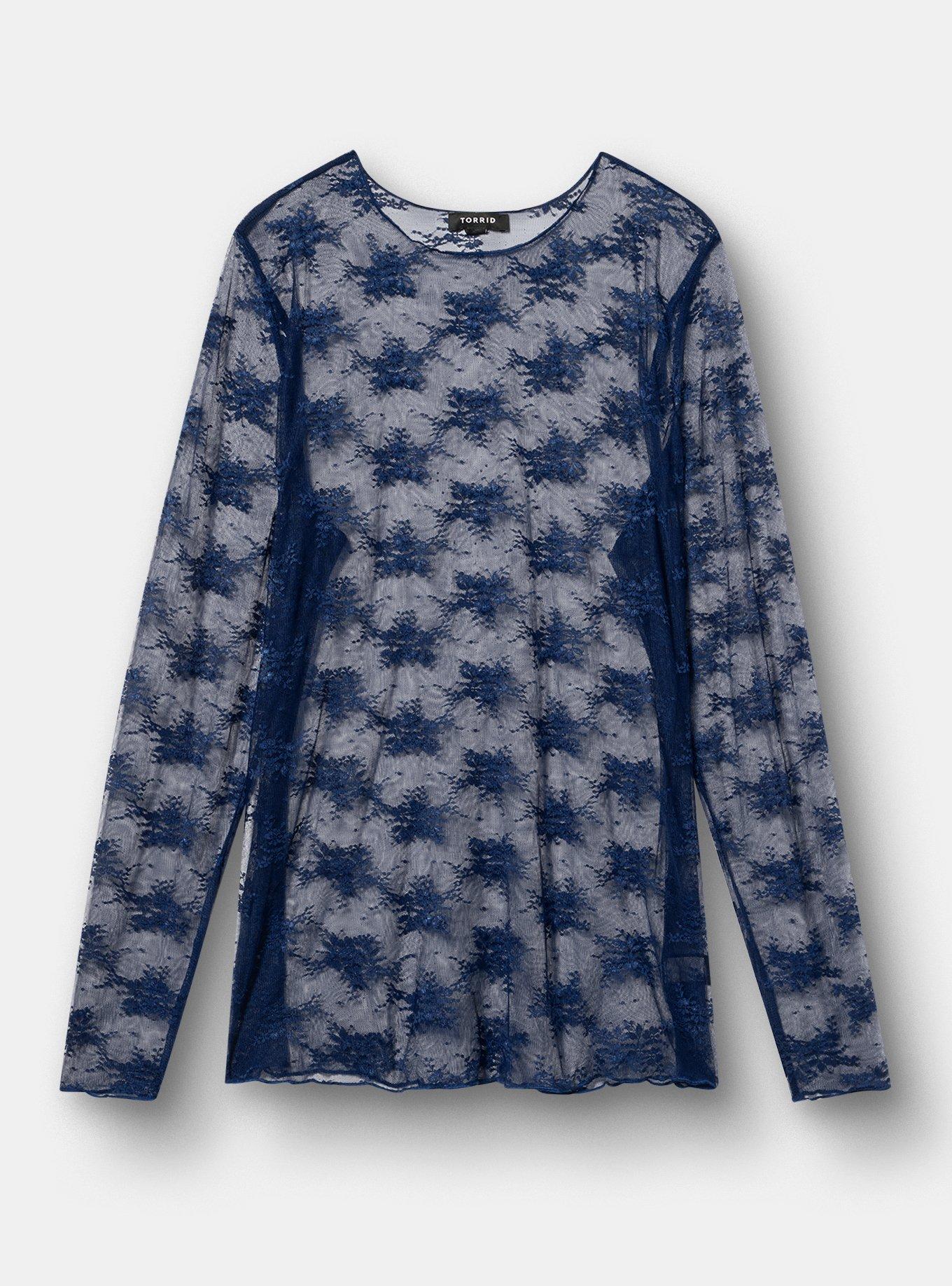 Sheer Lace Long Sleeve Crew Top, PEACOAT, hi-res