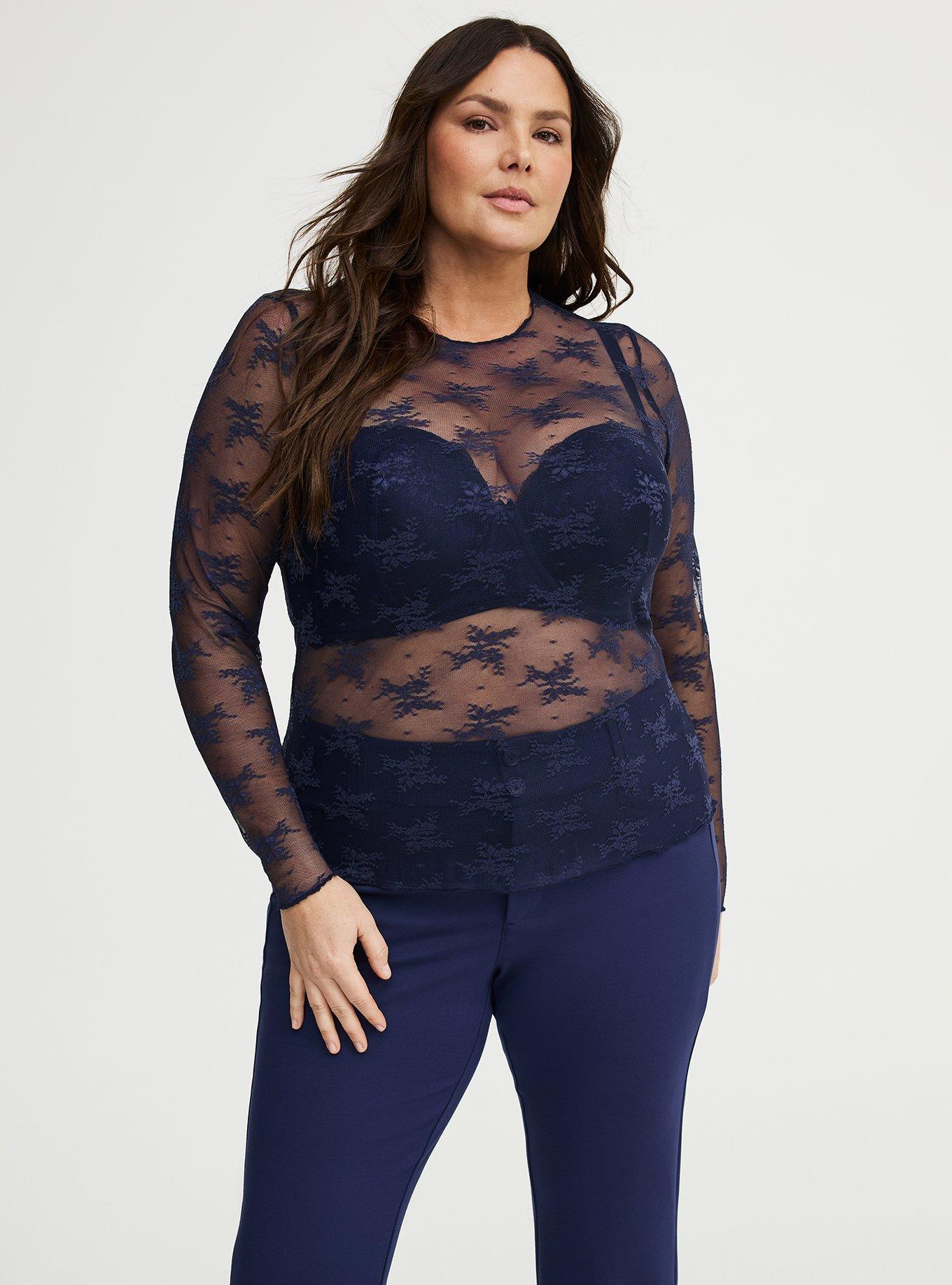 Sheer Lace Long Sleeve Crew Top, PEACOAT, hi-res