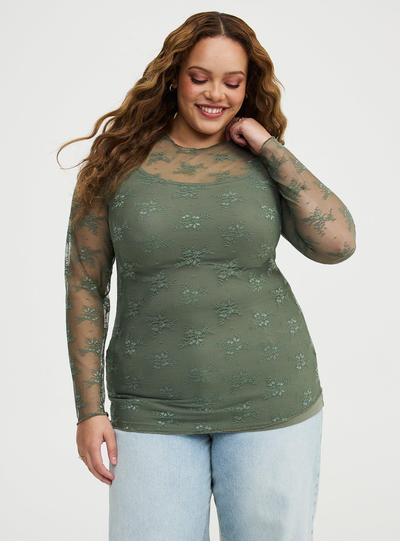 Sheer Lace Long Sleeve Crew Top, AGAVE GREEN, alternate