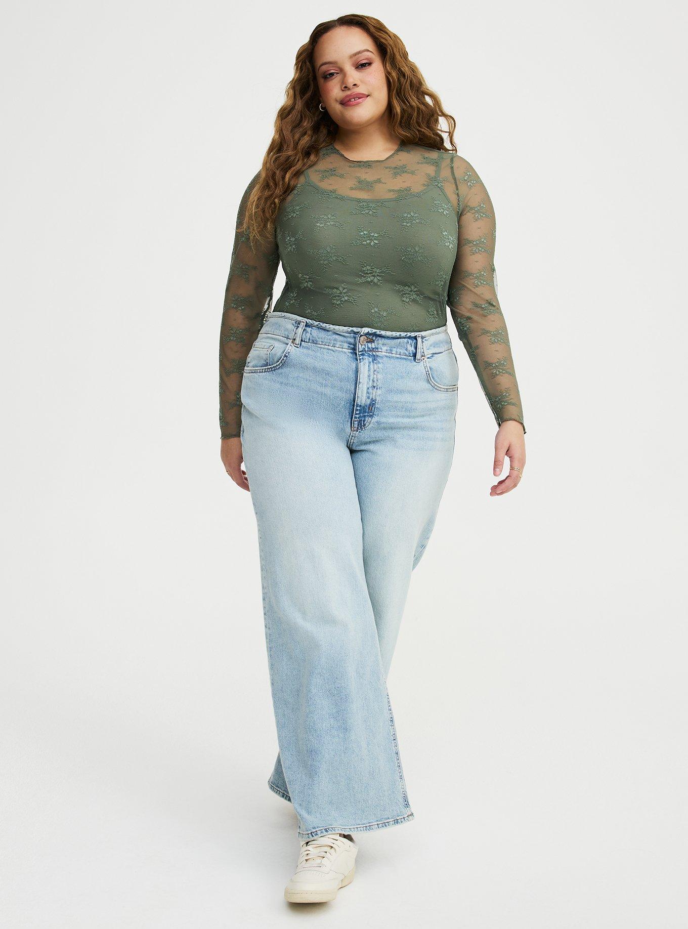 Sheer Lace Long Sleeve Crew Top, AGAVE GREEN, alternate