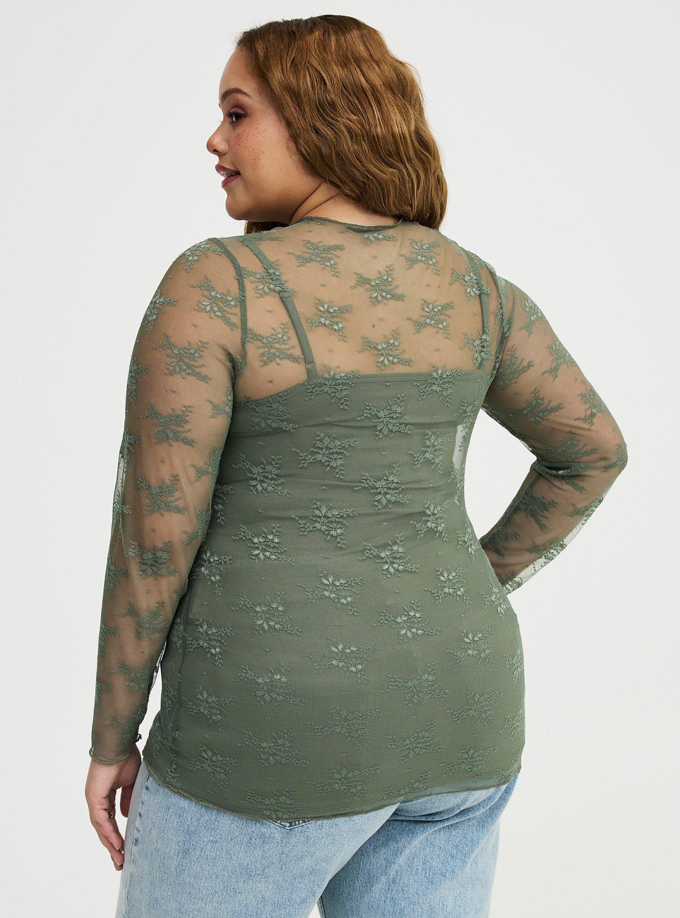 Sheer Lace Long Sleeve Crew Top, AGAVE GREEN, alternate