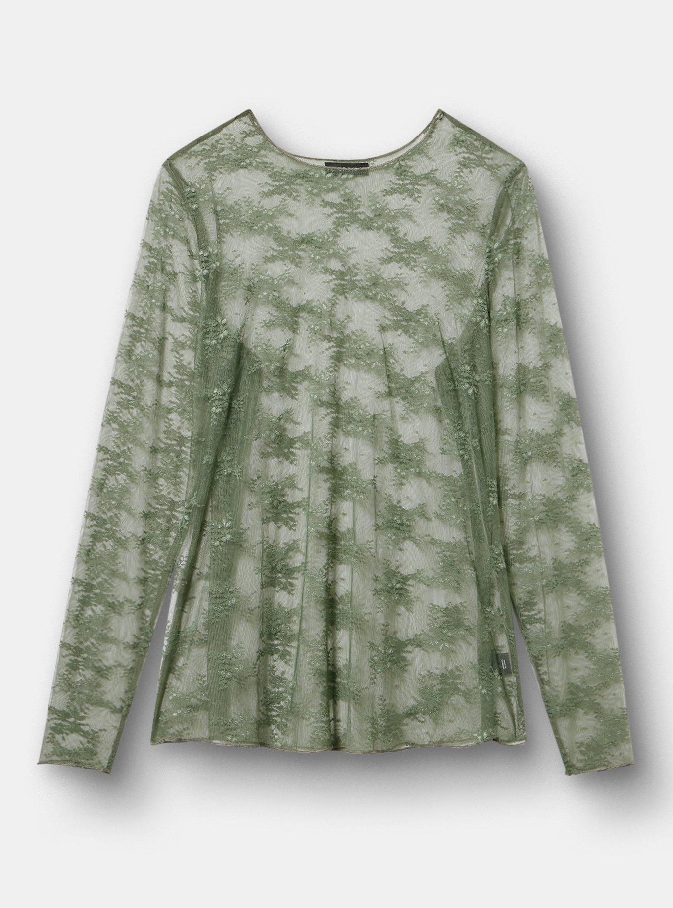 Sheer Lace Long Sleeve Crew Top, AGAVE GREEN, hi-res