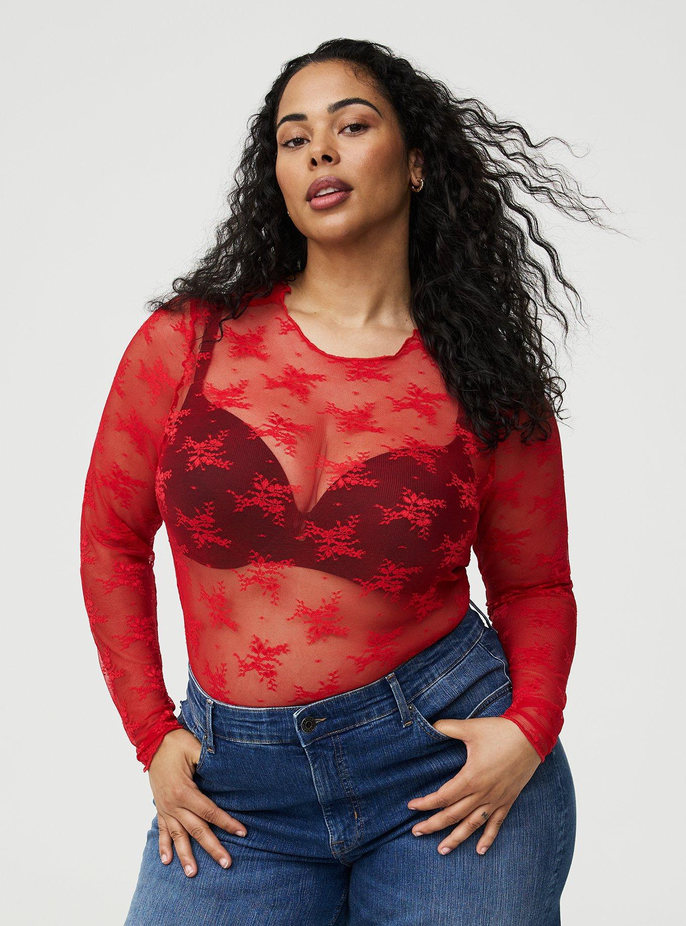 Sheer Lace Long Sleeve Crew Top, TRUE RED, alternate