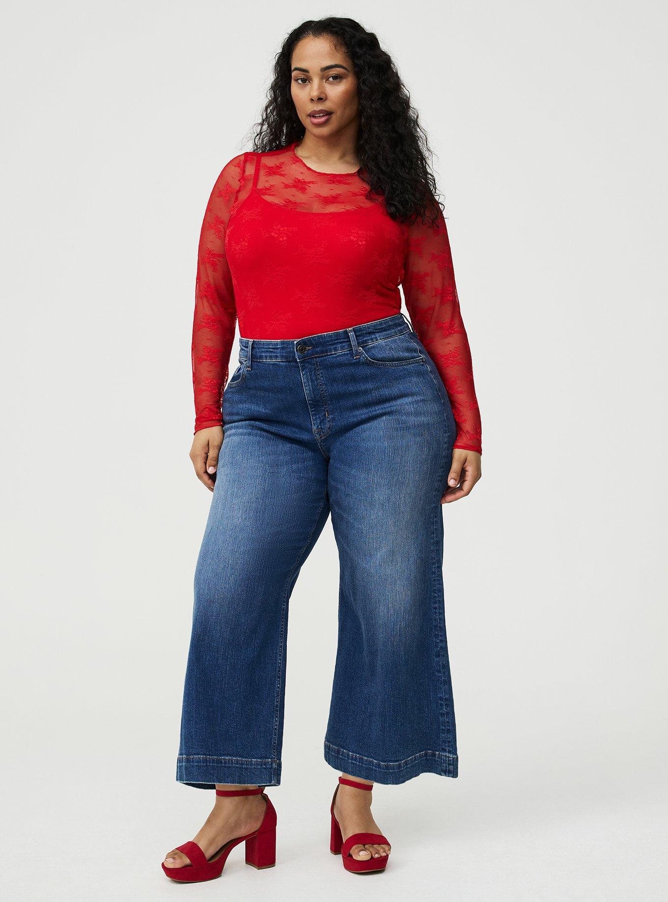 Sheer Lace Long Sleeve Crew Top, TRUE RED, alternate