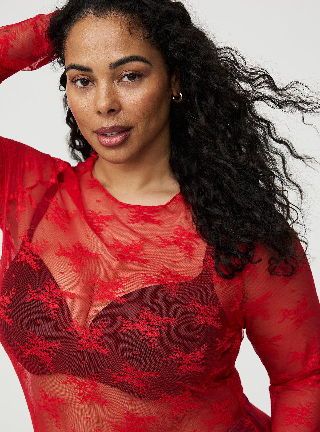 Sheer Lace Long Sleeve Crew Top, TRUE RED, alternate