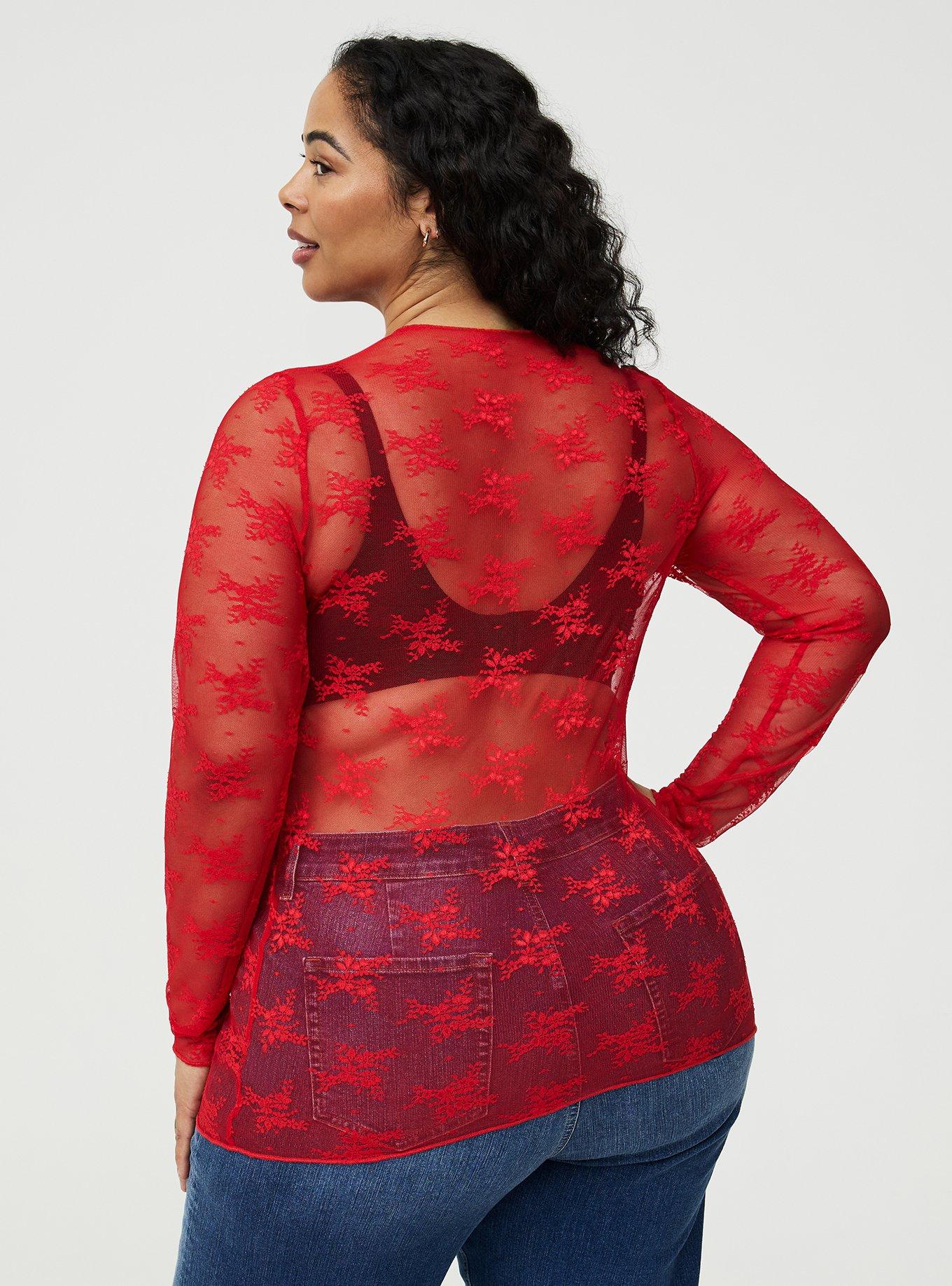 Sheer Lace Long Sleeve Crew Top, TRUE RED, alternate