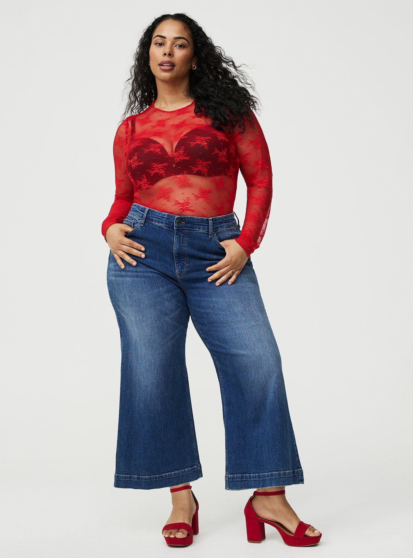 Sheer Lace Long Sleeve Crew Top, TRUE RED, alternate