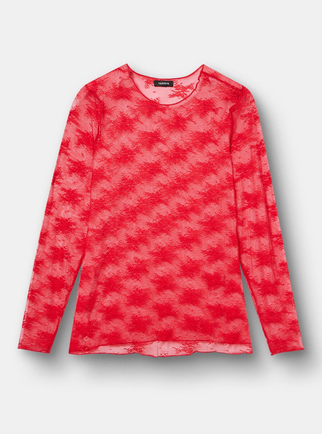 Sheer Lace Long Sleeve Crew Top, TRUE RED, hi-res