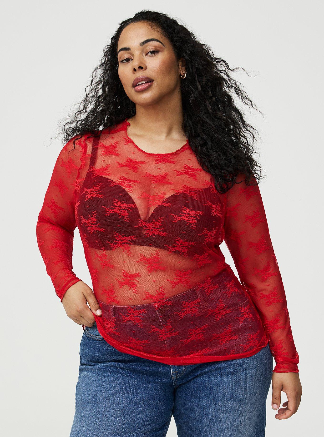 Sheer Lace Long Sleeve Crew Top, TRUE RED, hi-res