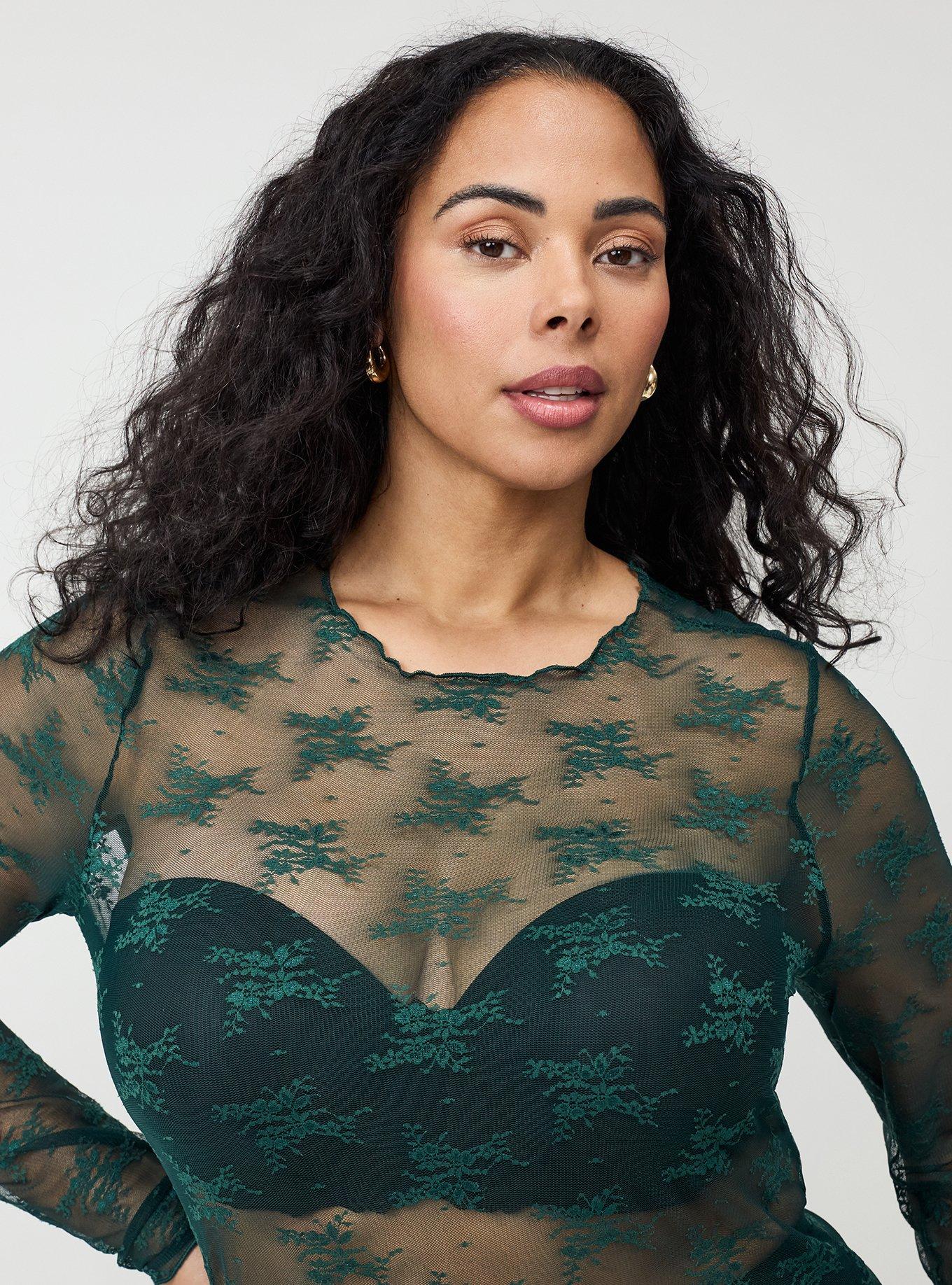 Sheer Lace Long Sleeve Crew Top, BOTANICAL GARDEN, alternate