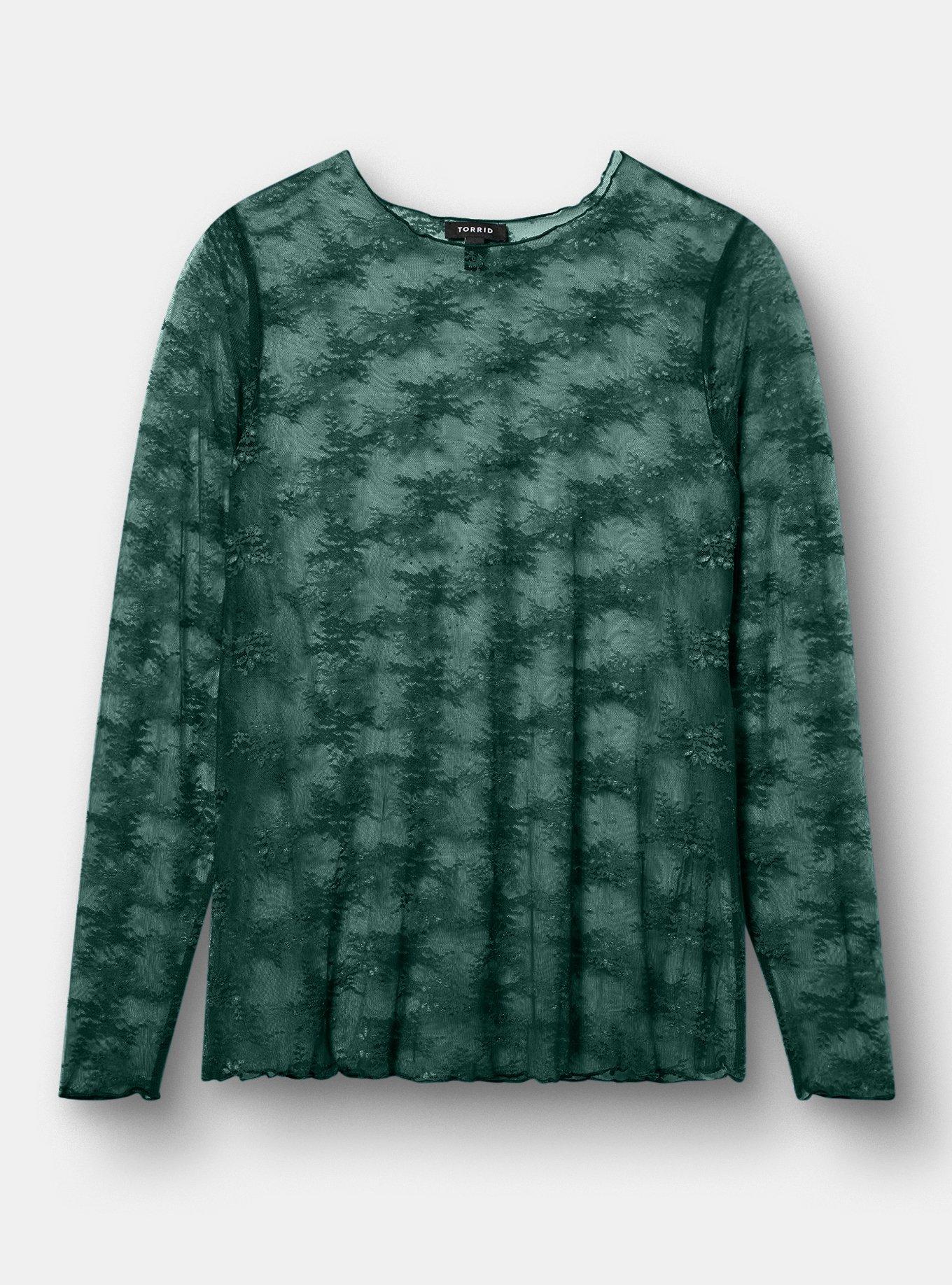 Sheer Lace Long Sleeve Crew Top, BOTANICAL GARDEN, flat