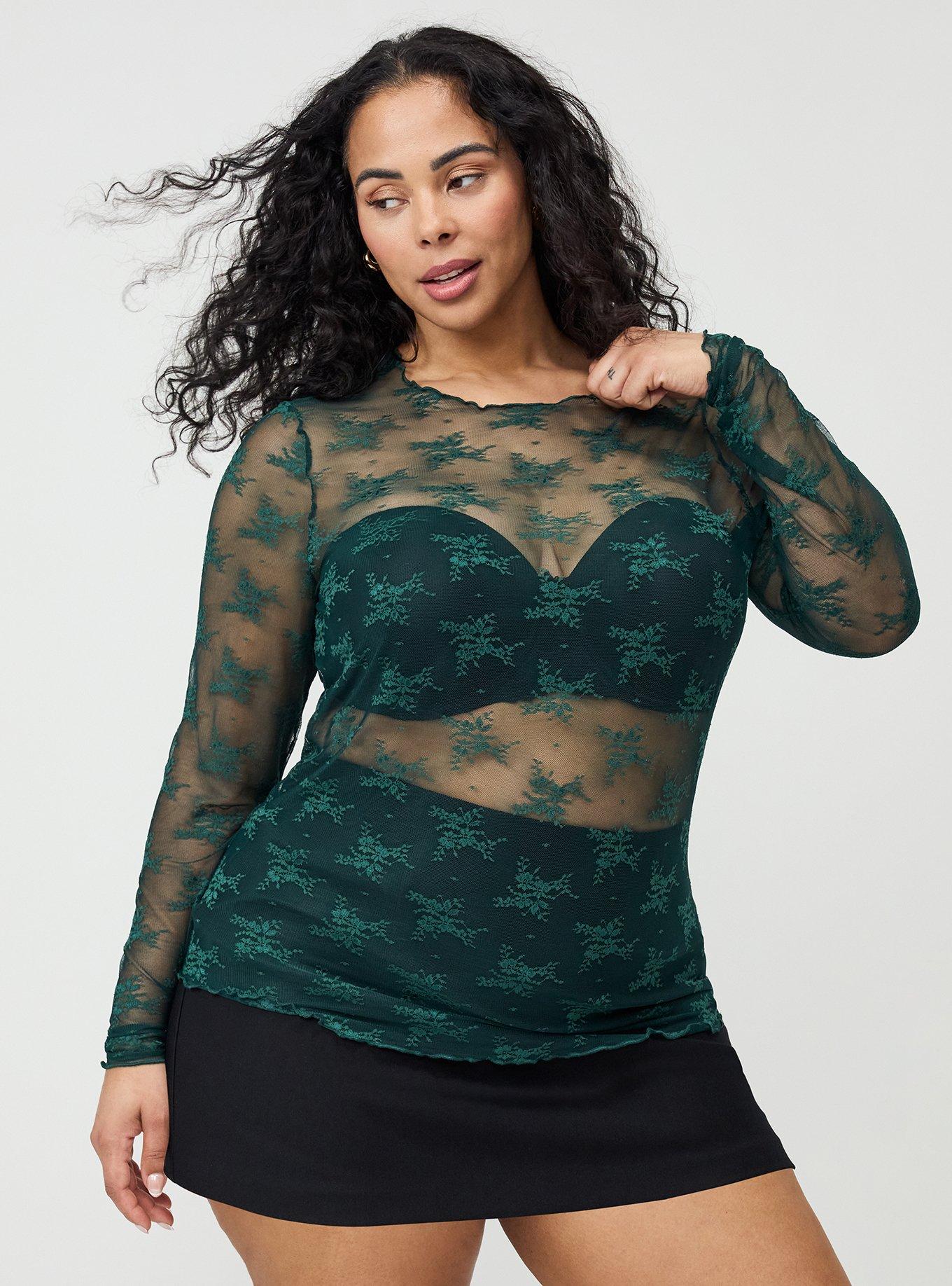 Sheer Lace Long Sleeve Crew Top, BOTANICAL GARDEN, hi-res