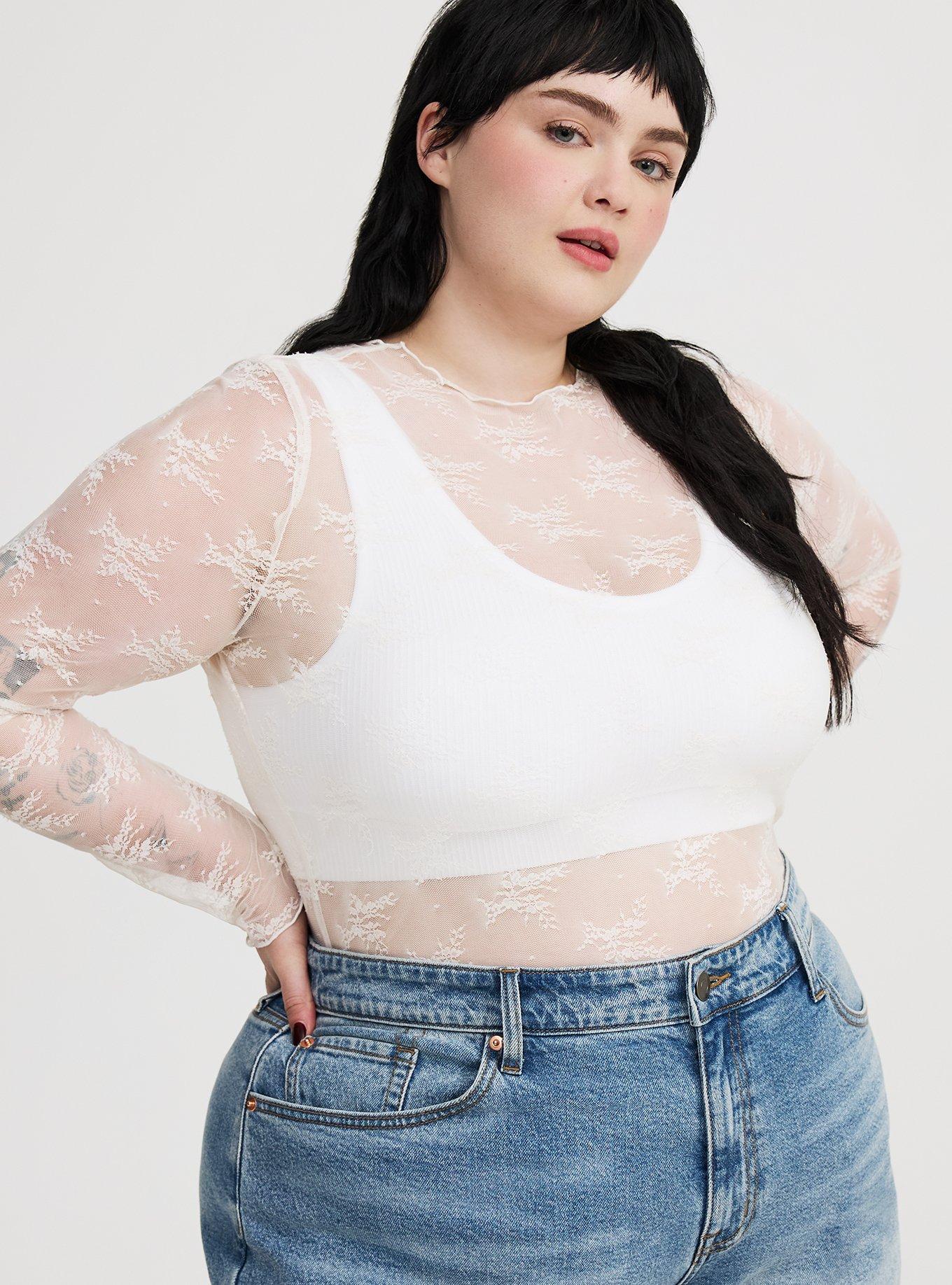 Sheer Lace Long Sleeve Crew Top, BRIGHT WHITE, alternate