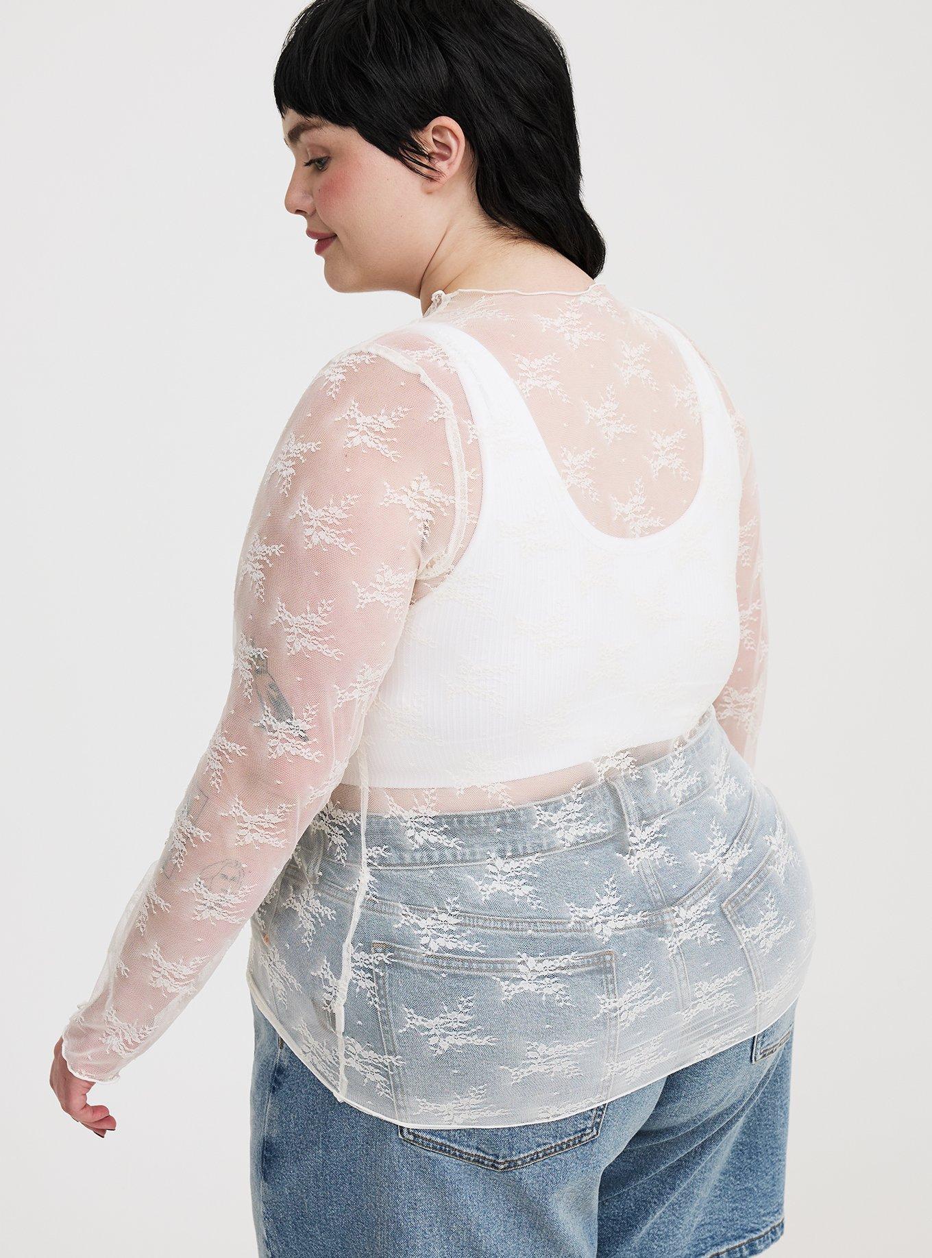 Sheer Lace Long Sleeve Crew Top, BRIGHT WHITE, alternate