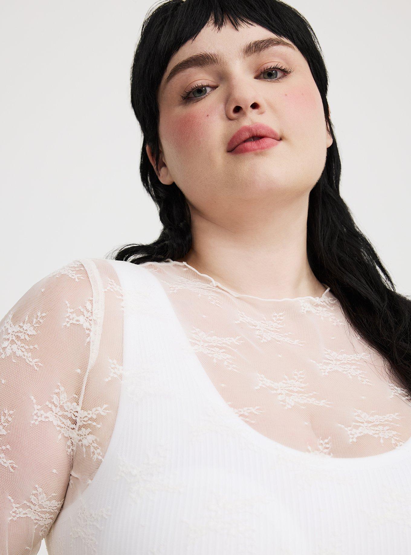 Sheer Lace Long Sleeve Crew Top, BRIGHT WHITE, alternate