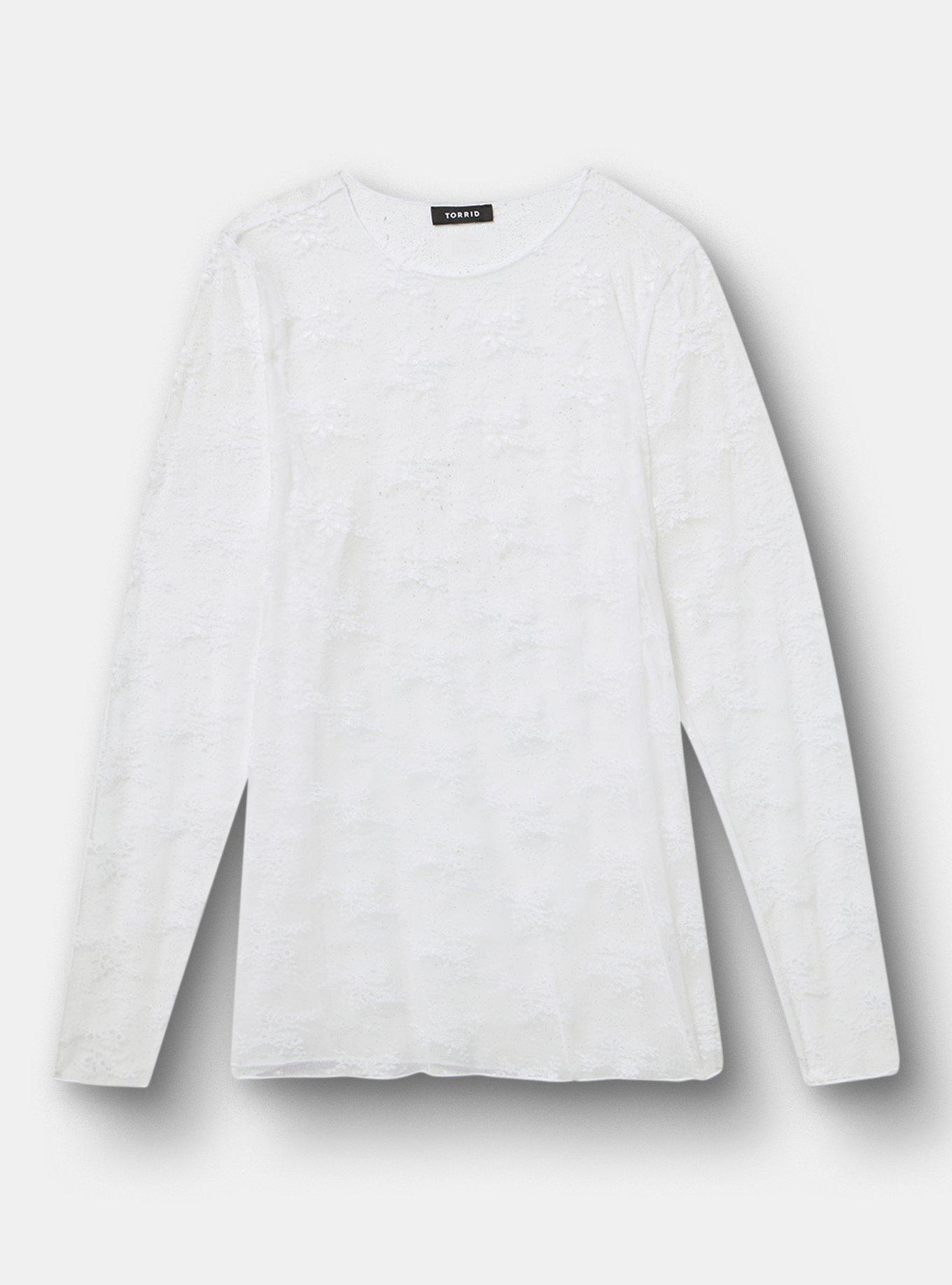 Sheer Lace Long Sleeve Crew Top, BRIGHT WHITE, hi-res