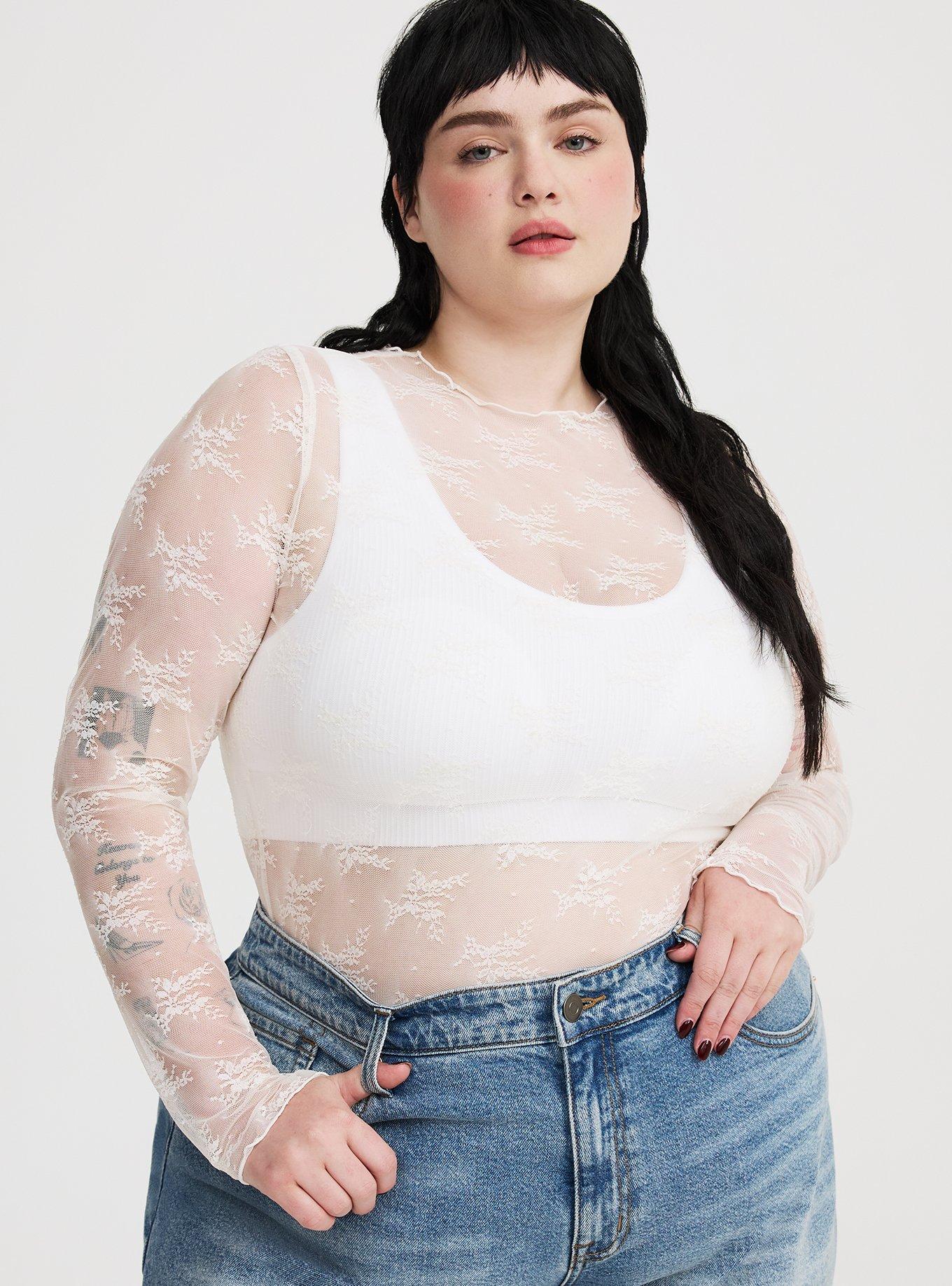 Plus Size Sheer Lace Long Sleeve Crew Top, BRIGHT WHITE, hi-res