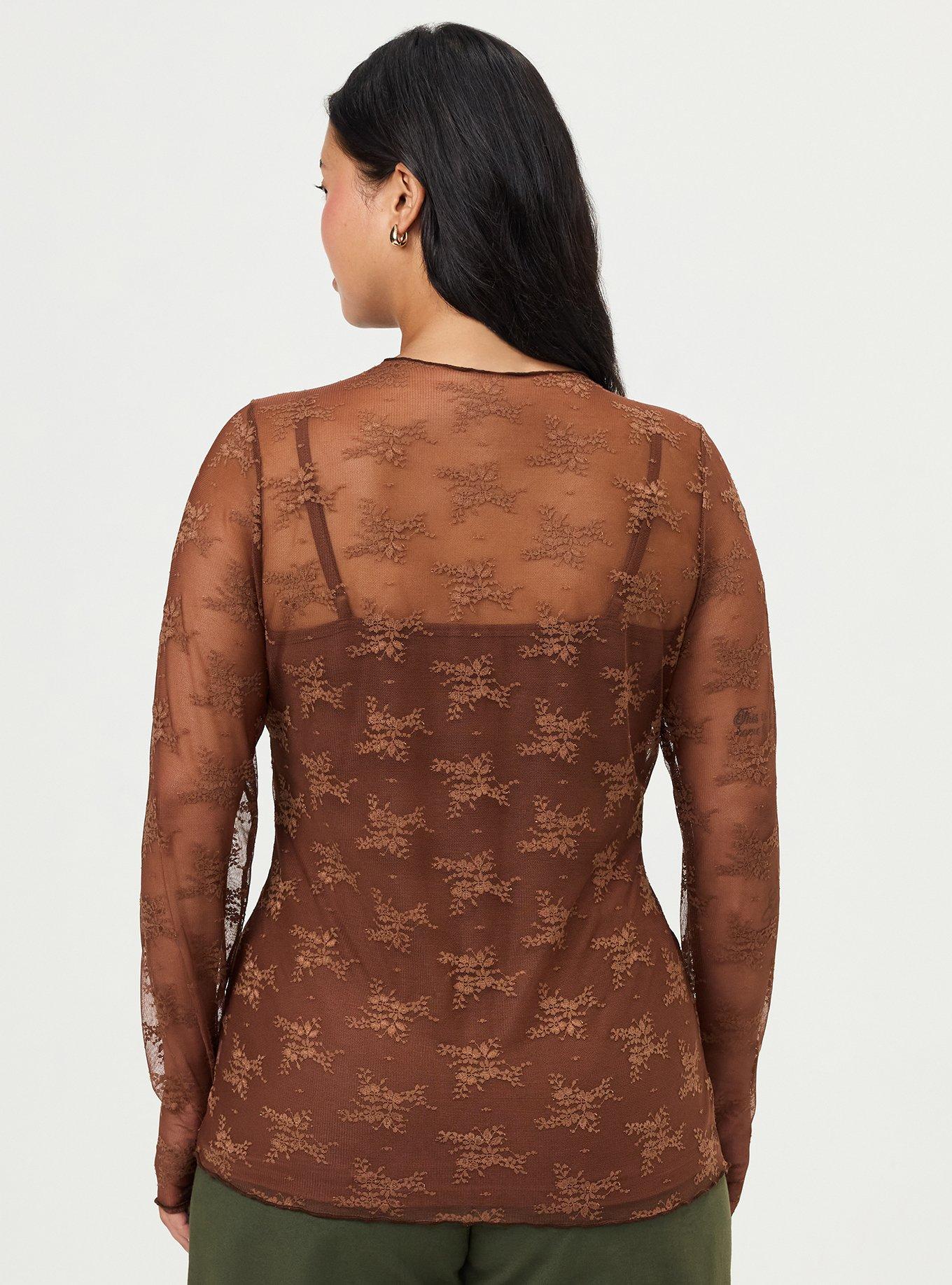 Sheer Lace Crew Long Sleeve Top, CAPPUCCINO, alternate