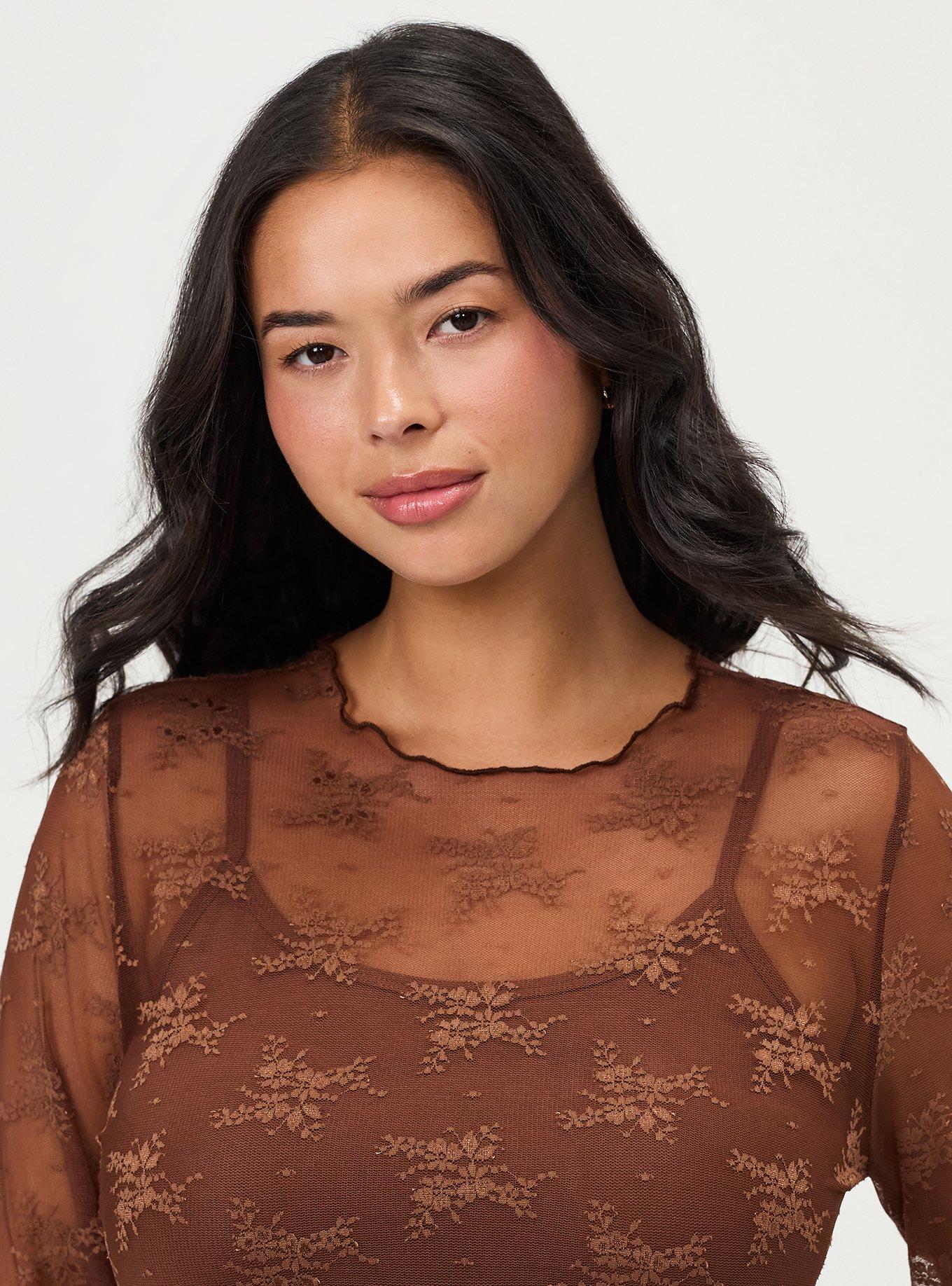 Sheer Lace Crew Long Sleeve Top, CAPPUCCINO, alternate