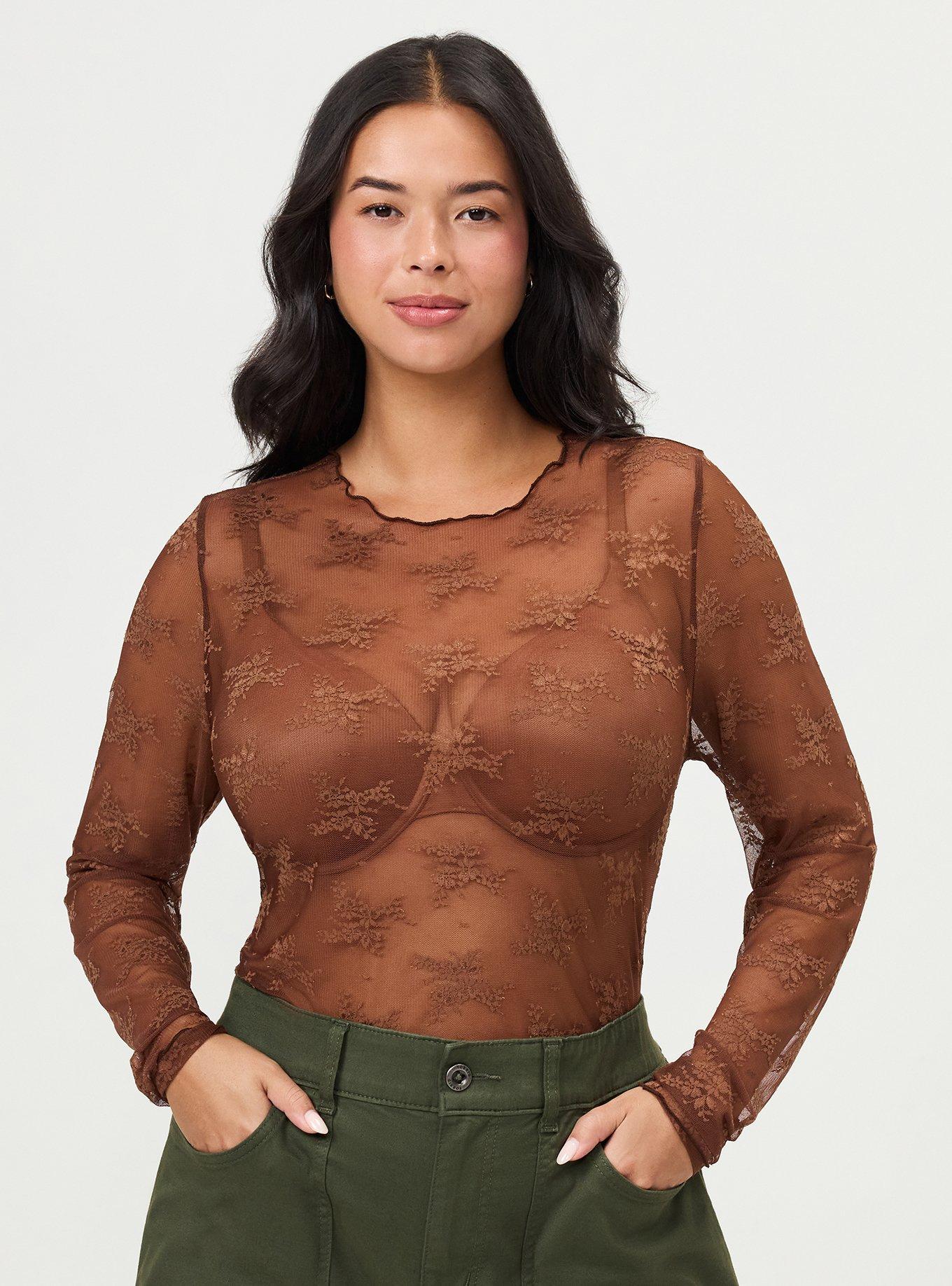Sheer Lace Crew Long Sleeve Top, CAPPUCCINO, alternate