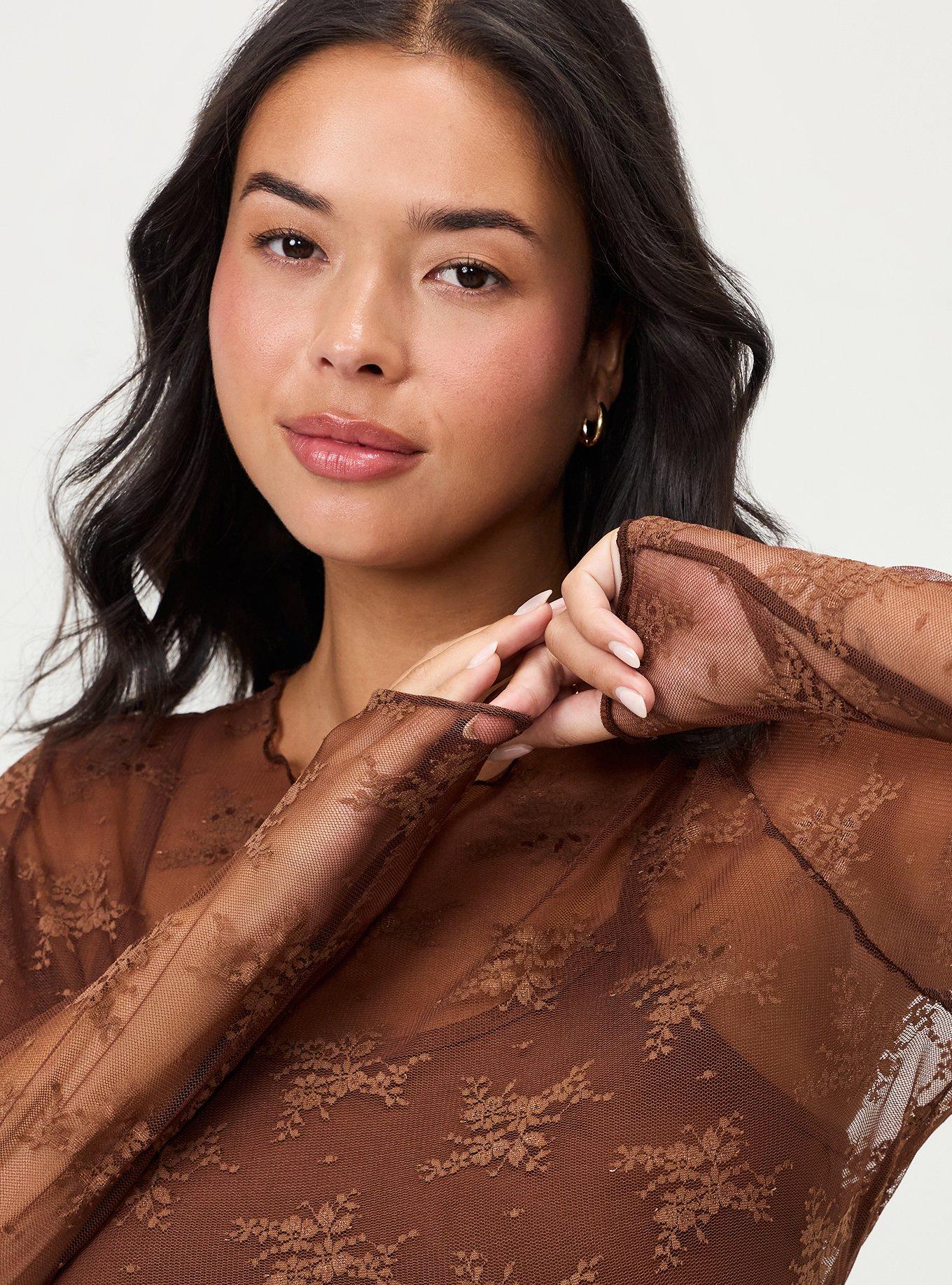Sheer Lace Crew Long Sleeve Top, CAPPUCCINO, alternate