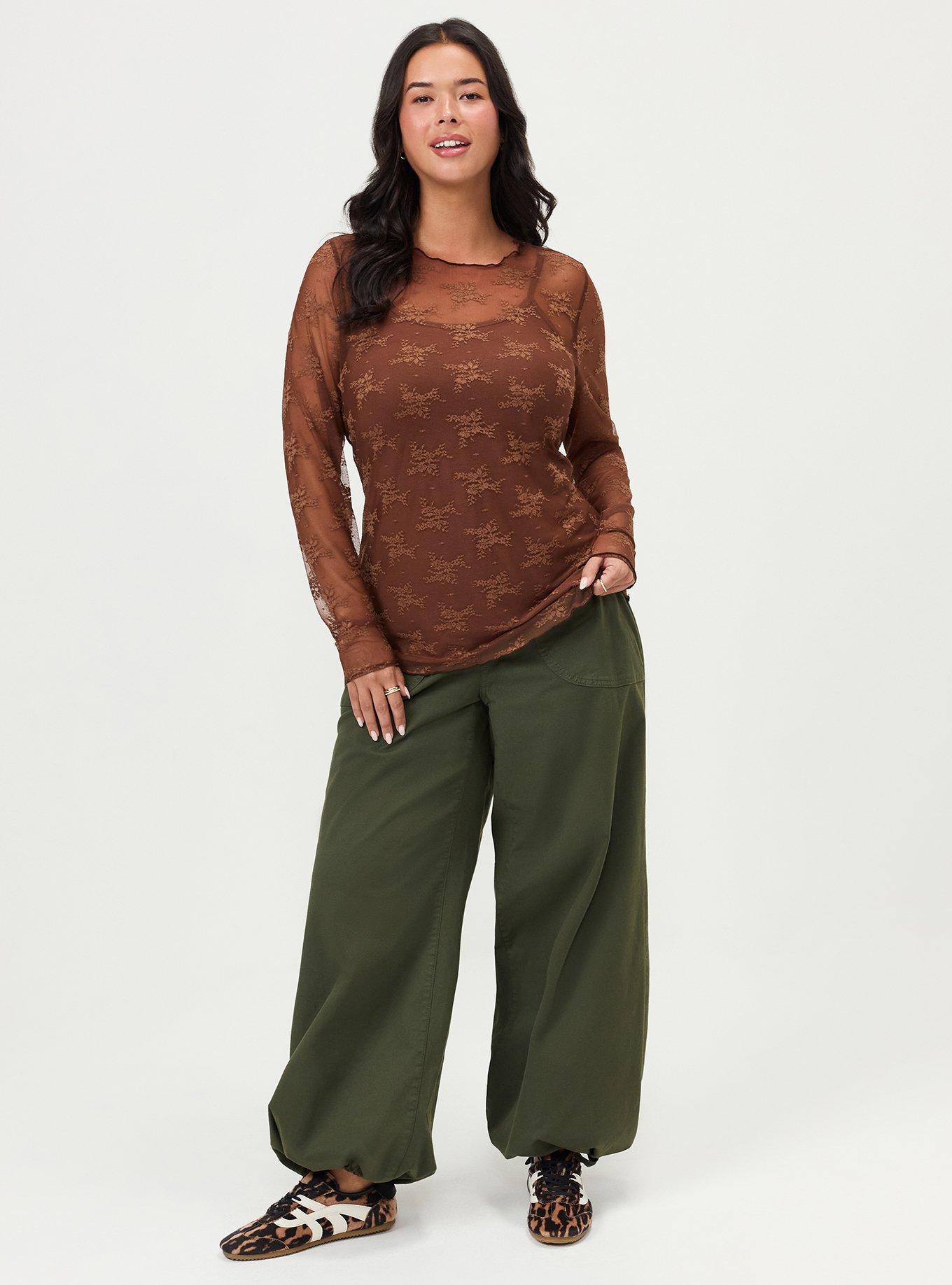 Sheer Lace Crew Long Sleeve Top, CAPPUCCINO, alternate