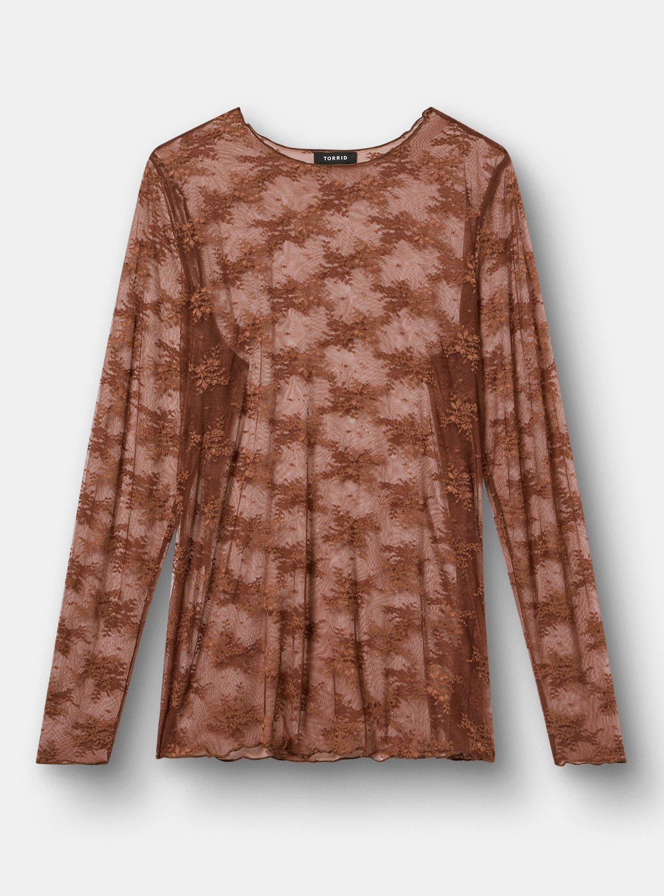 Sheer Lace Crew Long Sleeve Top, CAPPUCCINO, hi-res