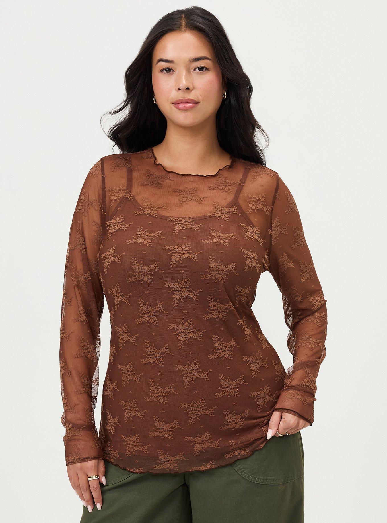 Sheer Lace Crew Long Sleeve Top, CAPPUCCINO, hi-res