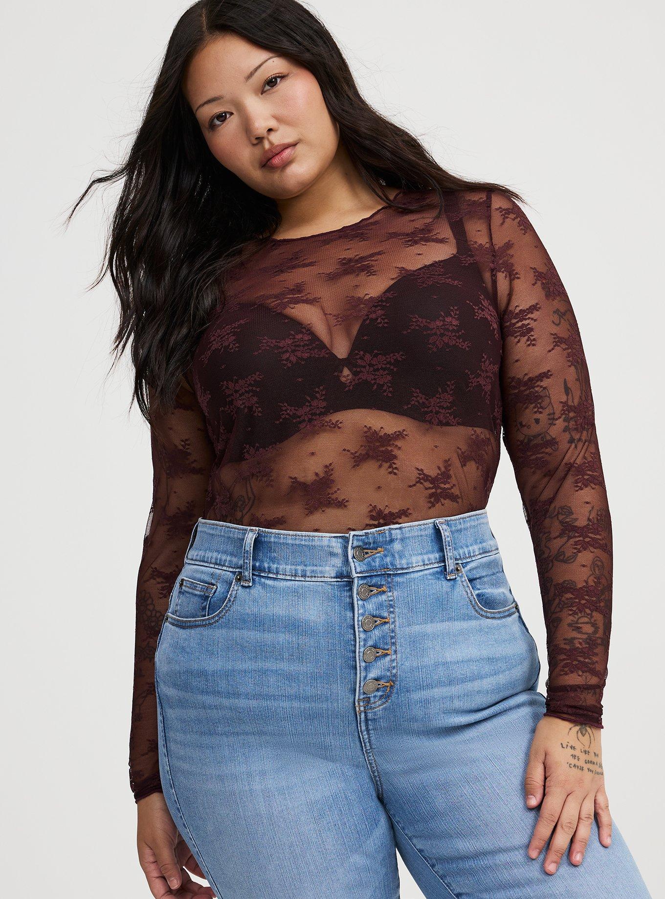 Sheer Lace Crew Long Sleeve Top