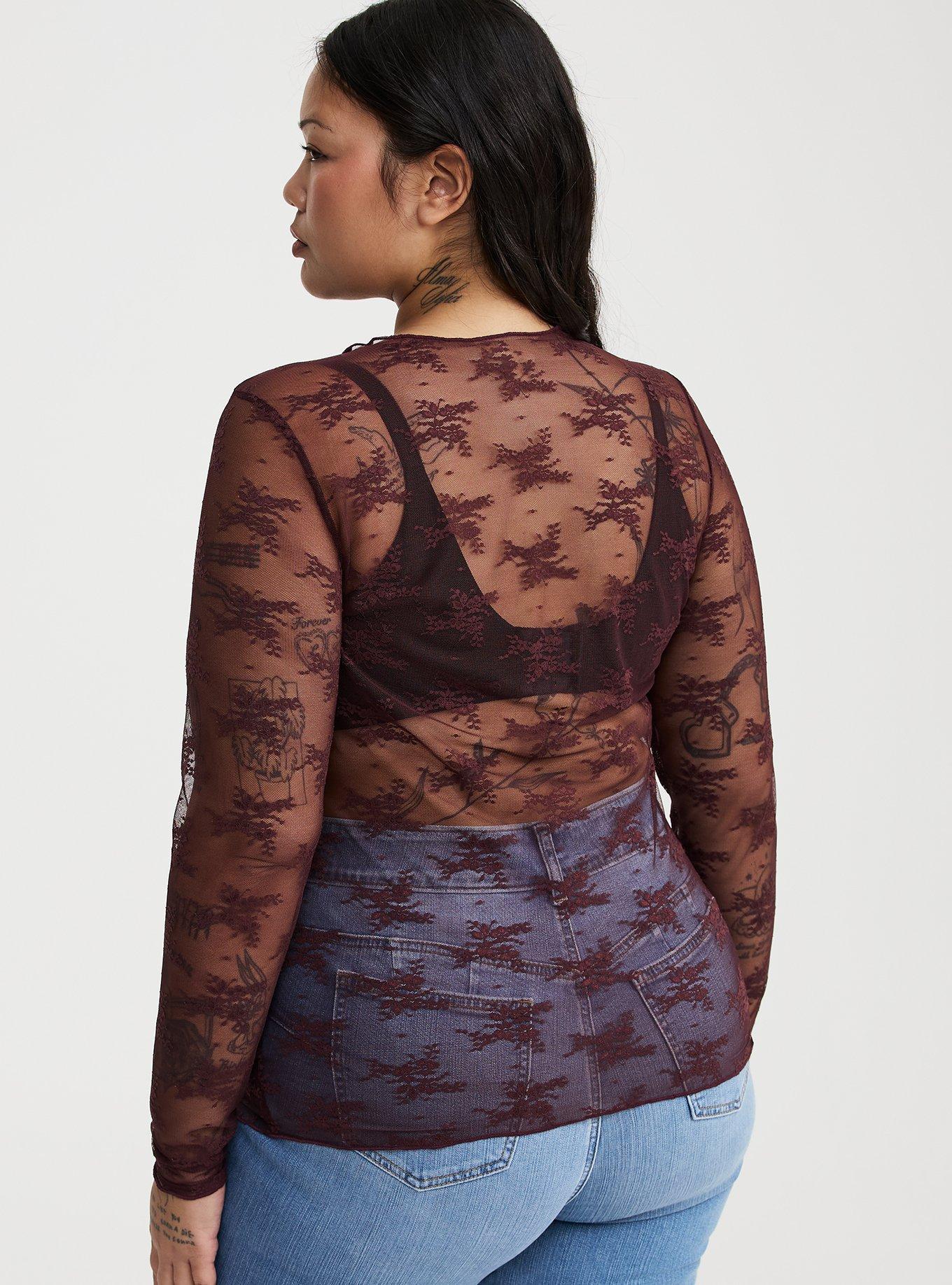 Sheer Lace Long Sleeve Crew Top, SASSAFRAS, alternate