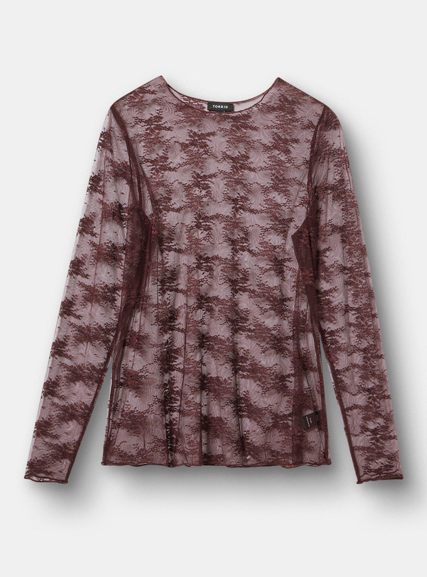 Sheer Lace Crew Neck Long Sleeve Top, SASSAFRAS, flat