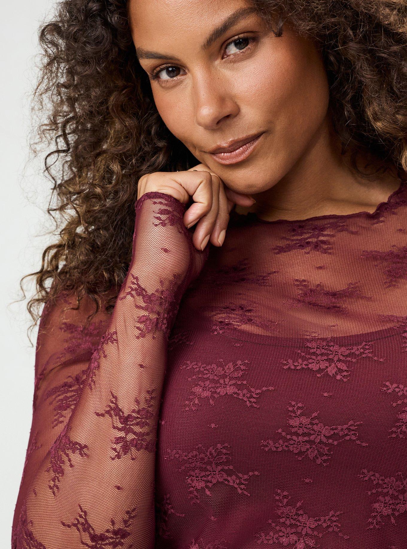 Sheer Lace Long Sleeve Crew Top, MAROON BANNER, alternate