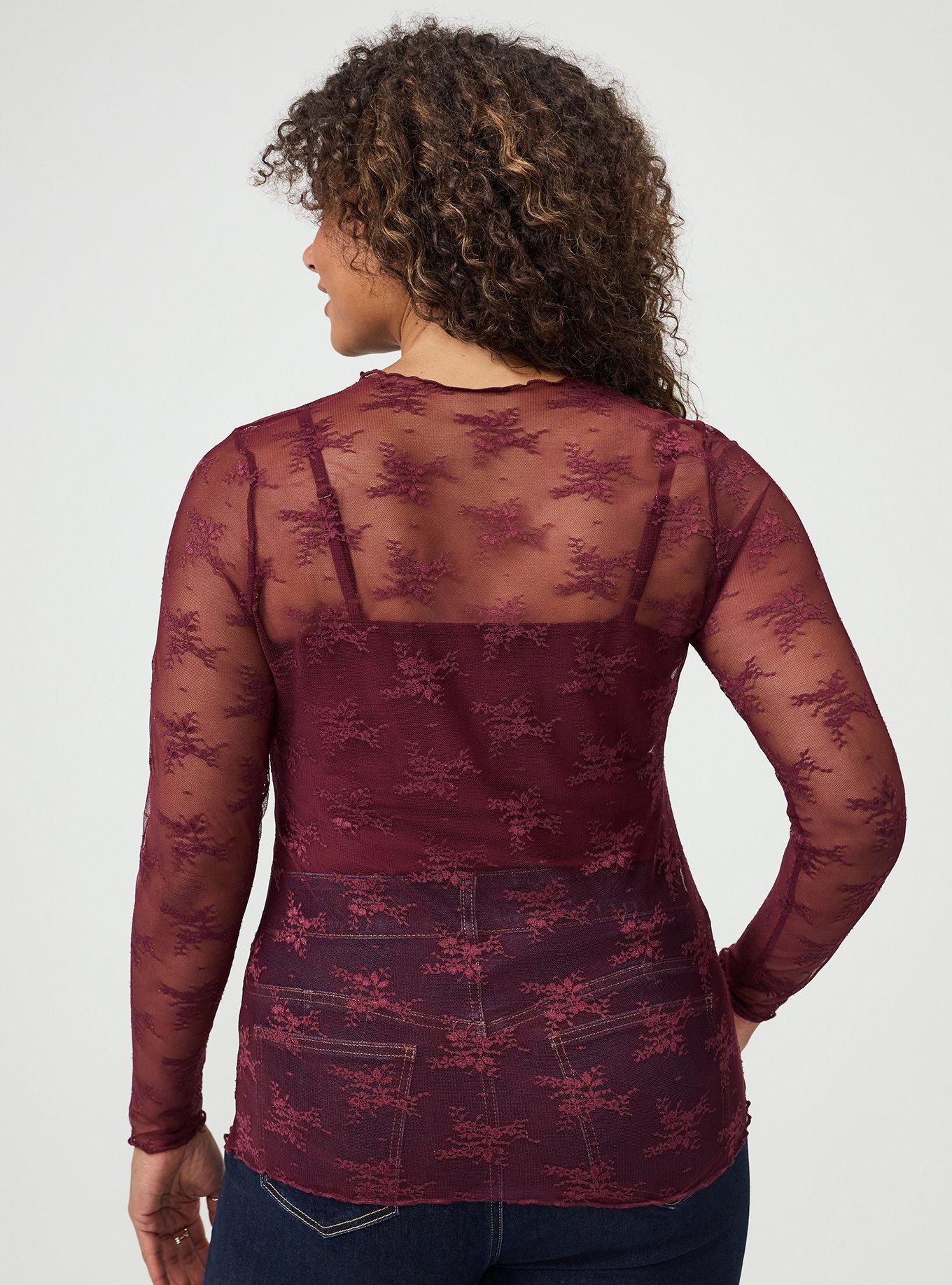 Sheer Lace Long Sleeve Crew Top, MAROON BANNER, alternate