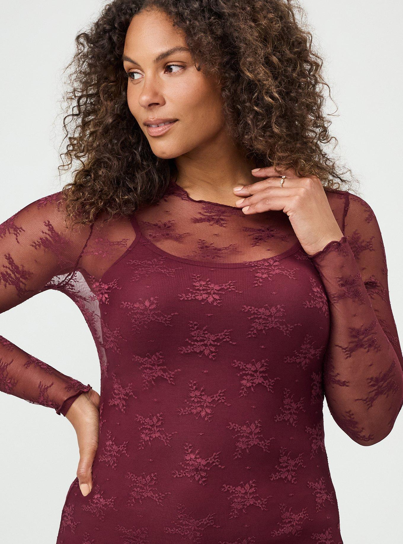 Sheer Lace Long Sleeve Crew Top, MAROON BANNER, alternate