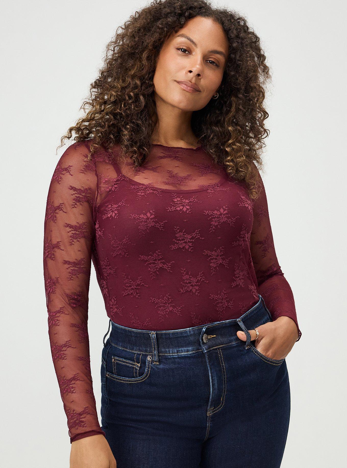 Sheer Lace Long Sleeve Crew Top, MAROON BANNER, alternate