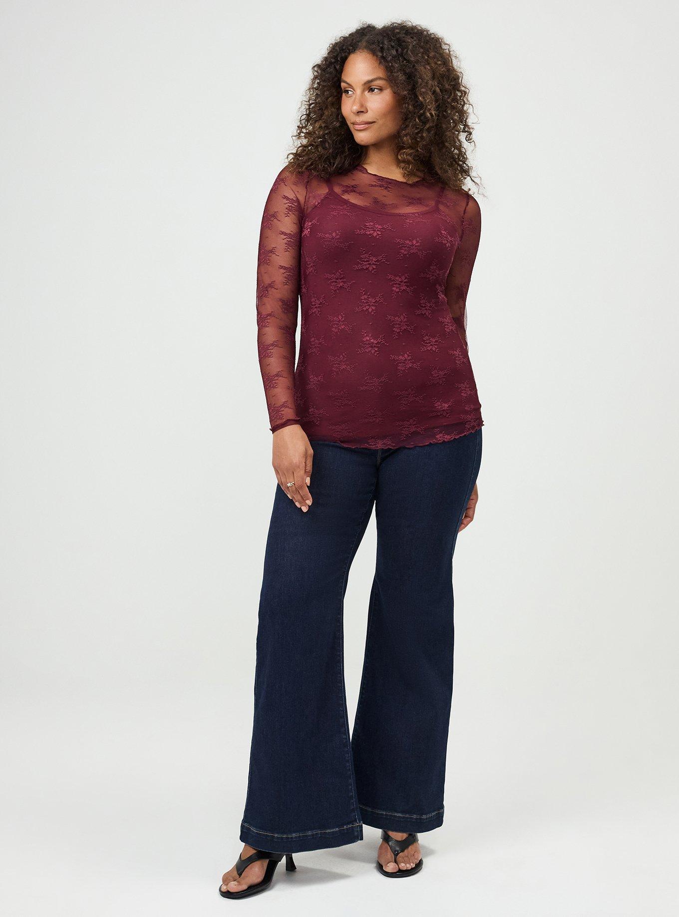 Sheer Lace Long Sleeve Crew Top, MAROON BANNER, alternate