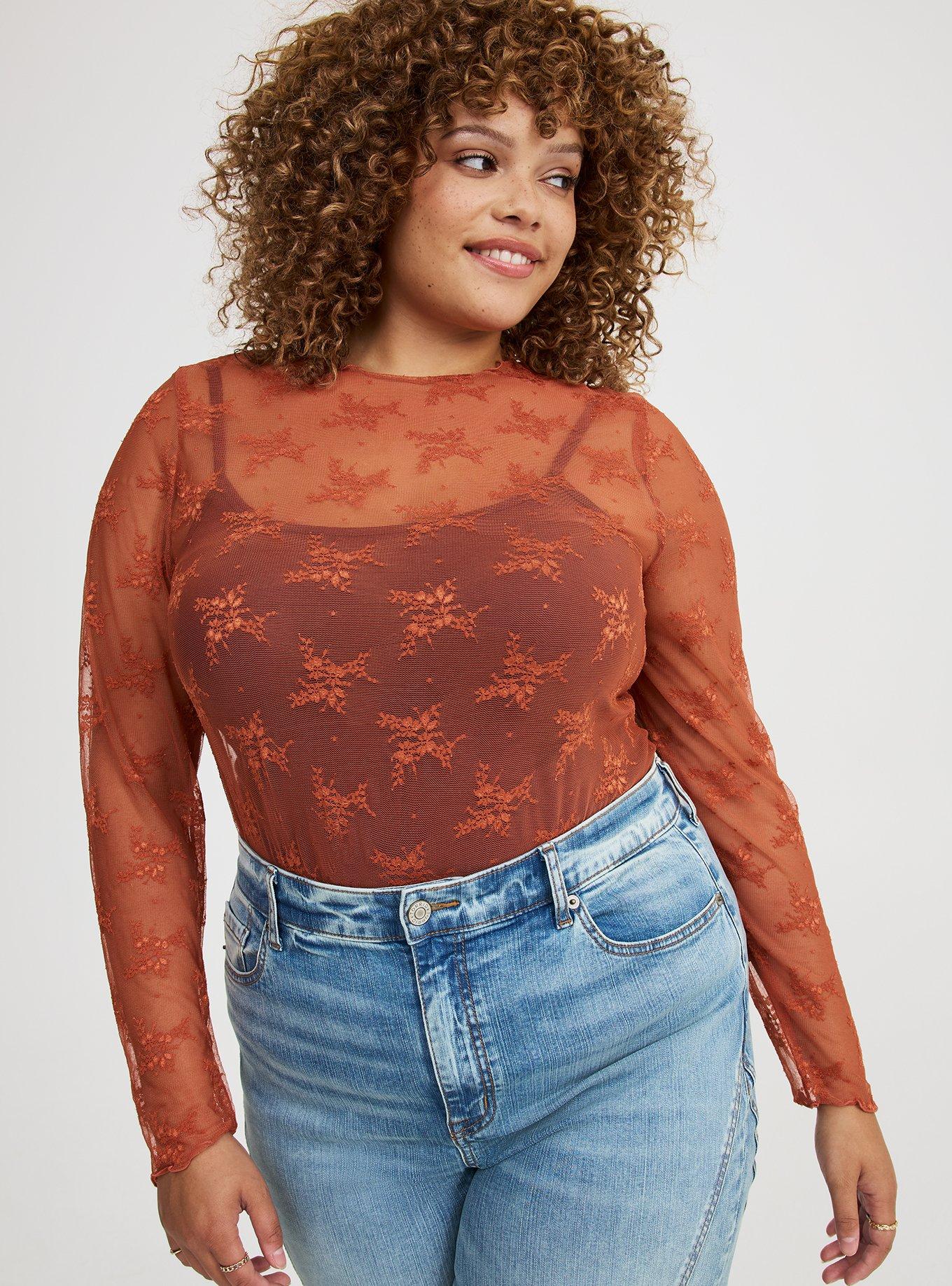 Plus Size Sheer Lace Long Sleeve Crew Top, BRUSCHETTA, hi-res