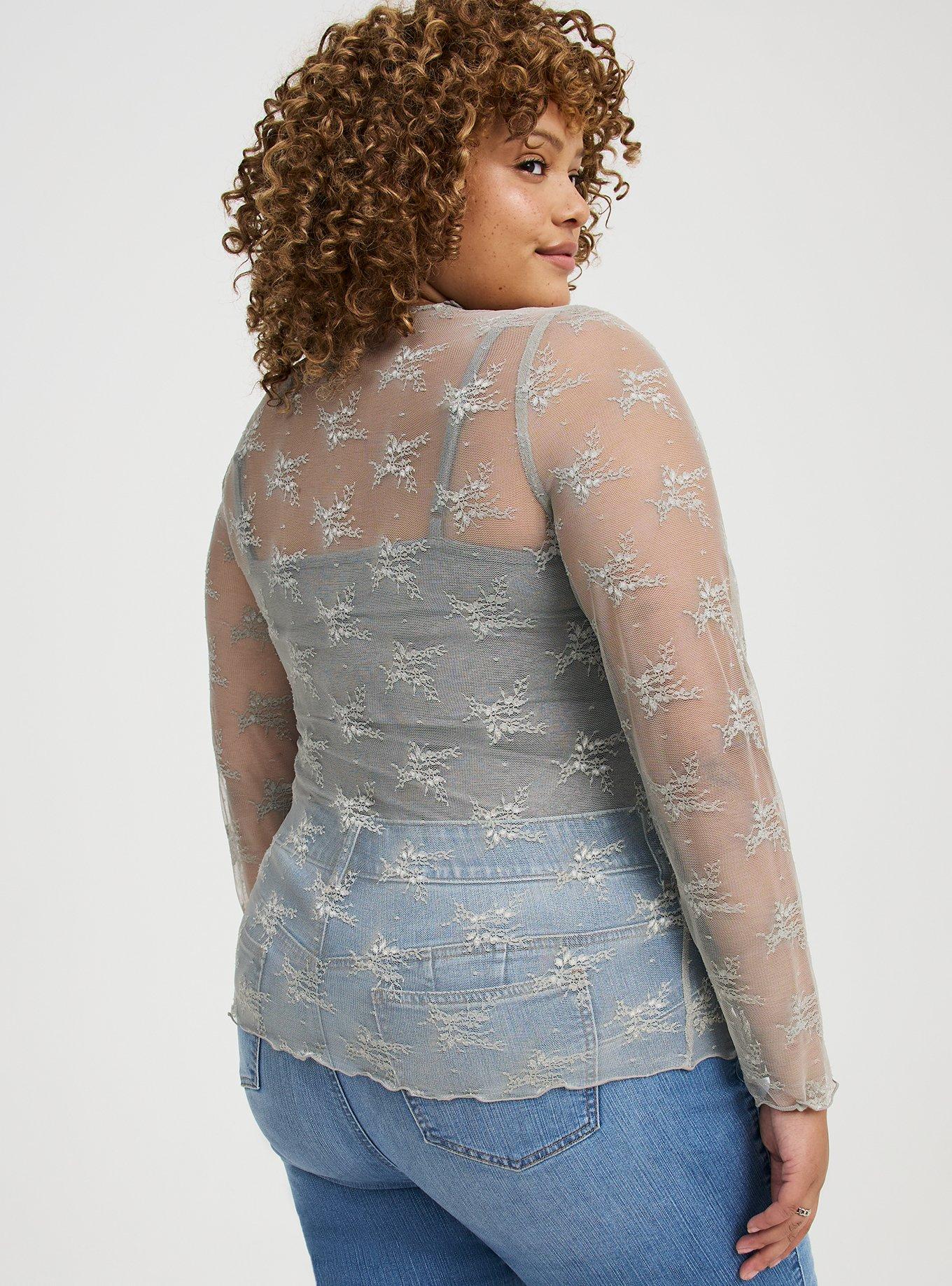 Sheer Lace Crew Long Sleeve Top