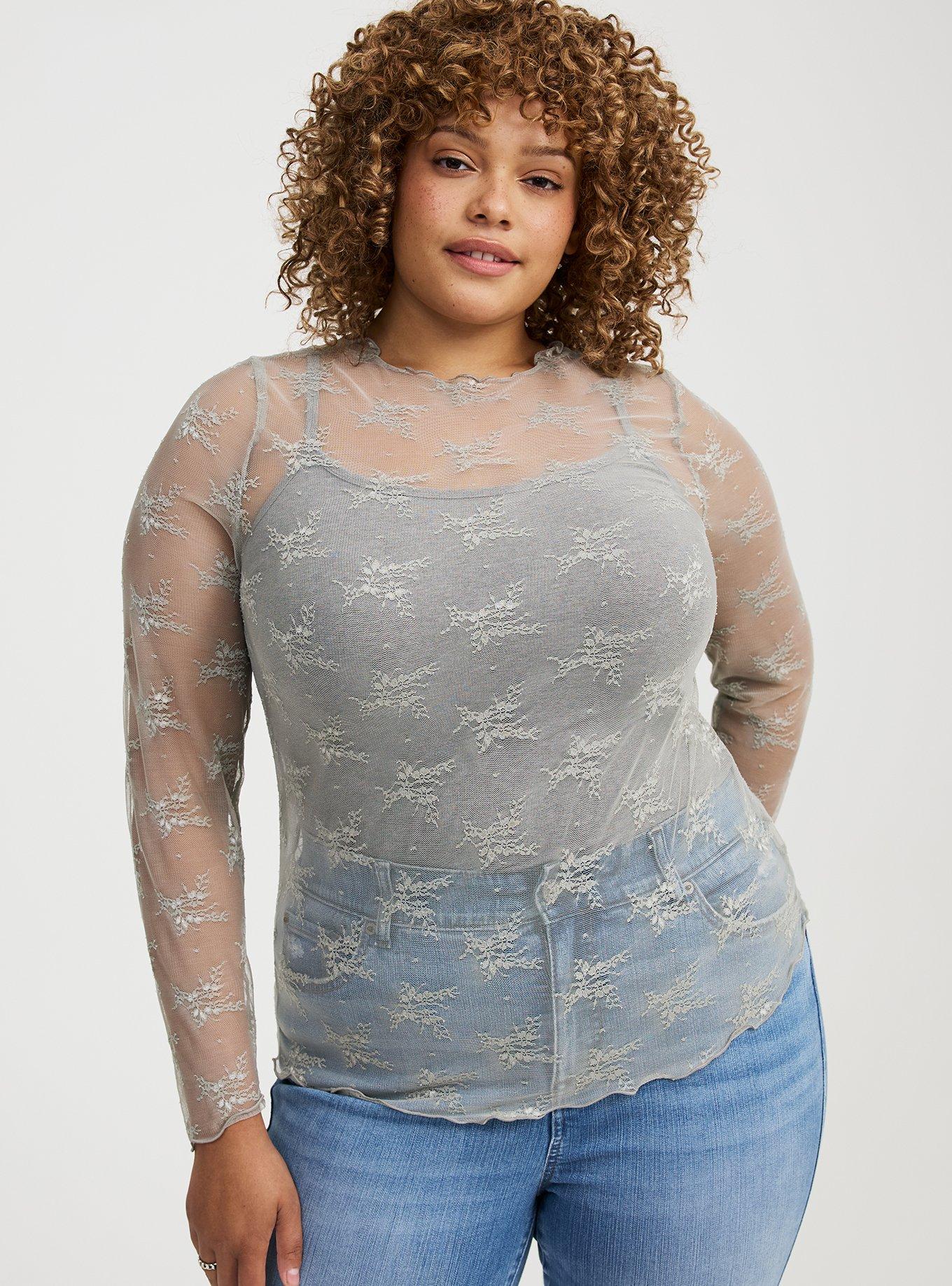 Plus Size - Sheer Lace Crew Neck Long Sleeve Top - Torrid