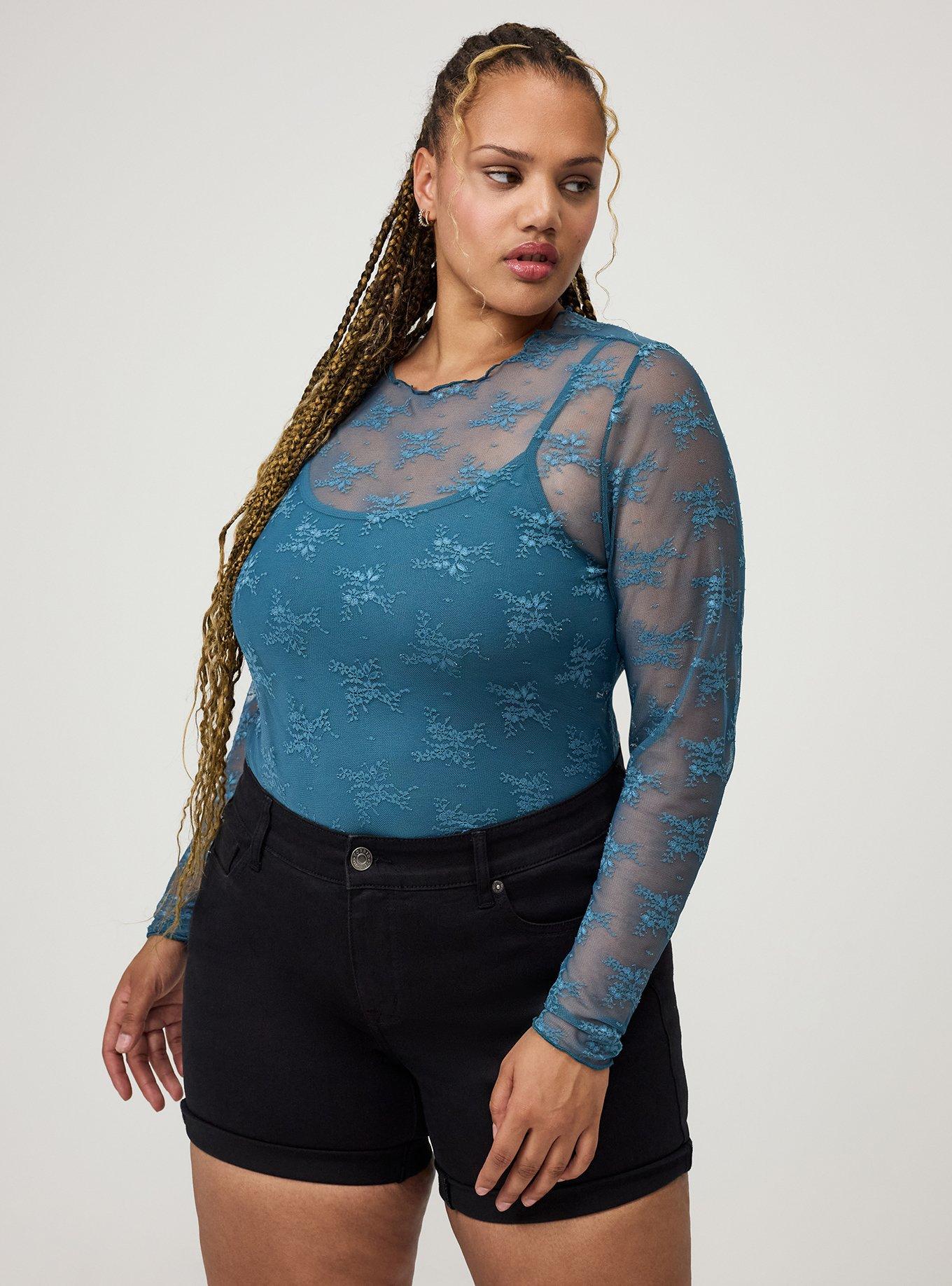 Sheer Lace Long Sleeve Crew Top, MALLARD BLUE, alternate