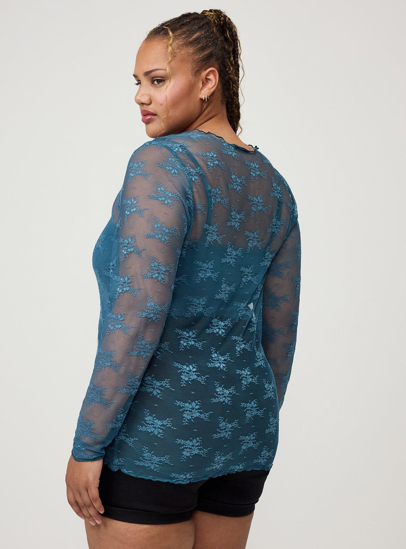 Sheer Lace Long Sleeve Crew Top, MALLARD BLUE, alternate
