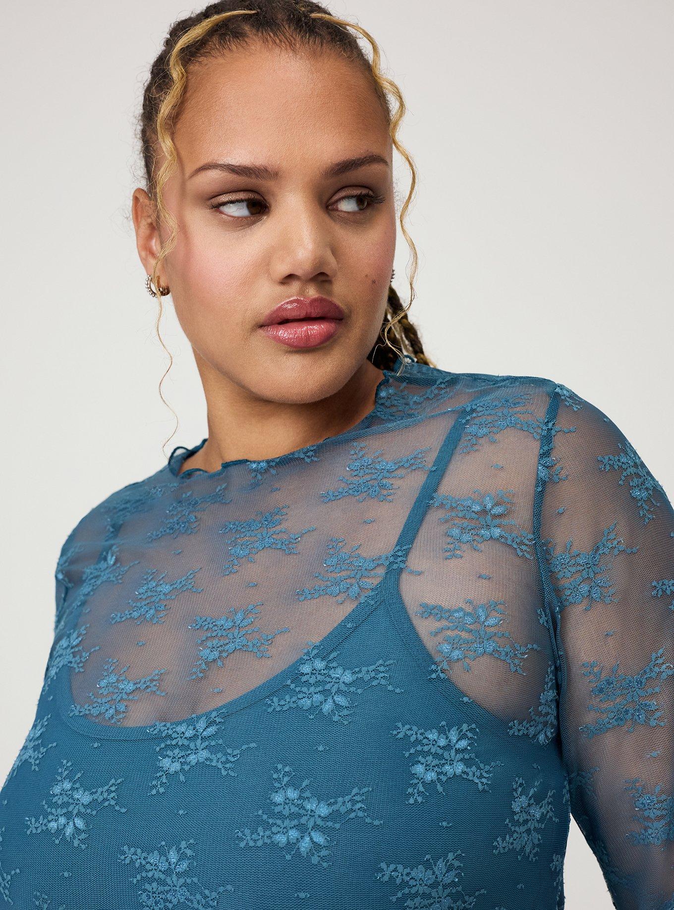 Sheer Lace Long Sleeve Crew Top, MALLARD BLUE, alternate