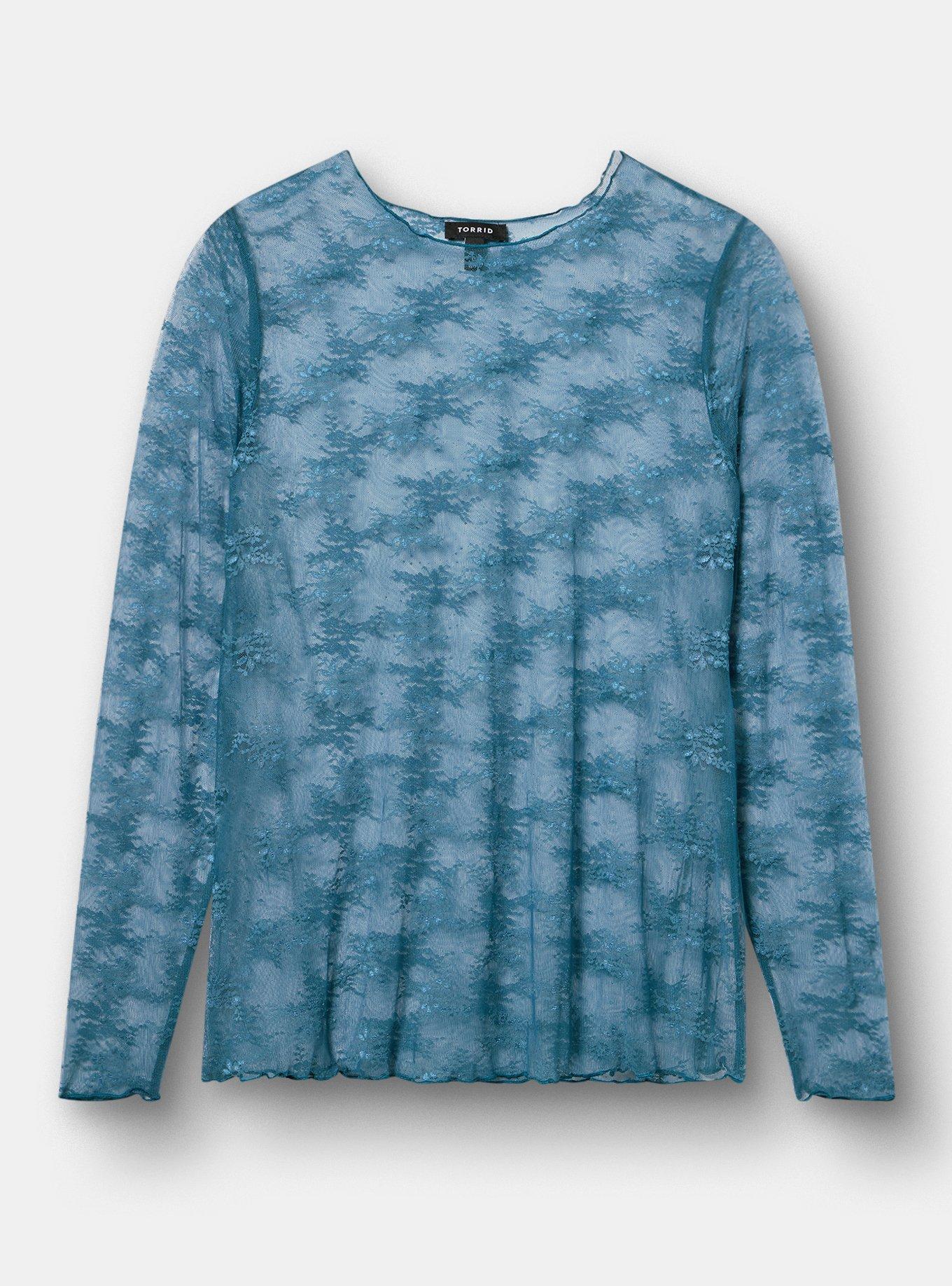 Sheer Lace Long Sleeve Crew Top, MALLARD BLUE, hi-res