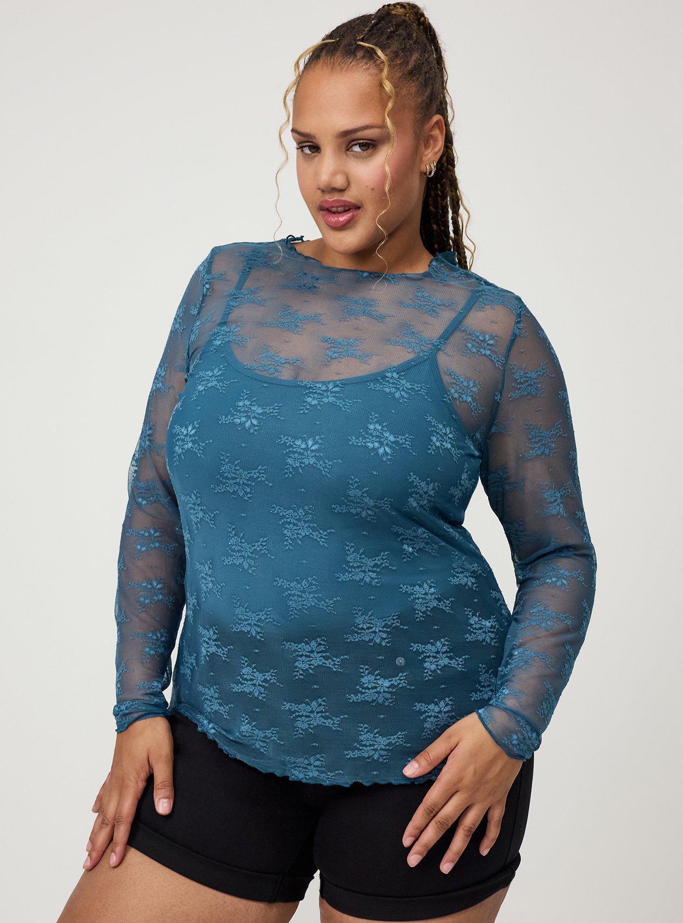 Sheer Lace Long Sleeve Crew Top, MALLARD BLUE, hi-res