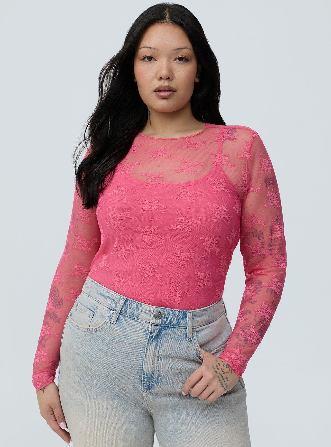 Sheer Lace Long Sleeve Crew Top, FRUIT DOVE, alternate