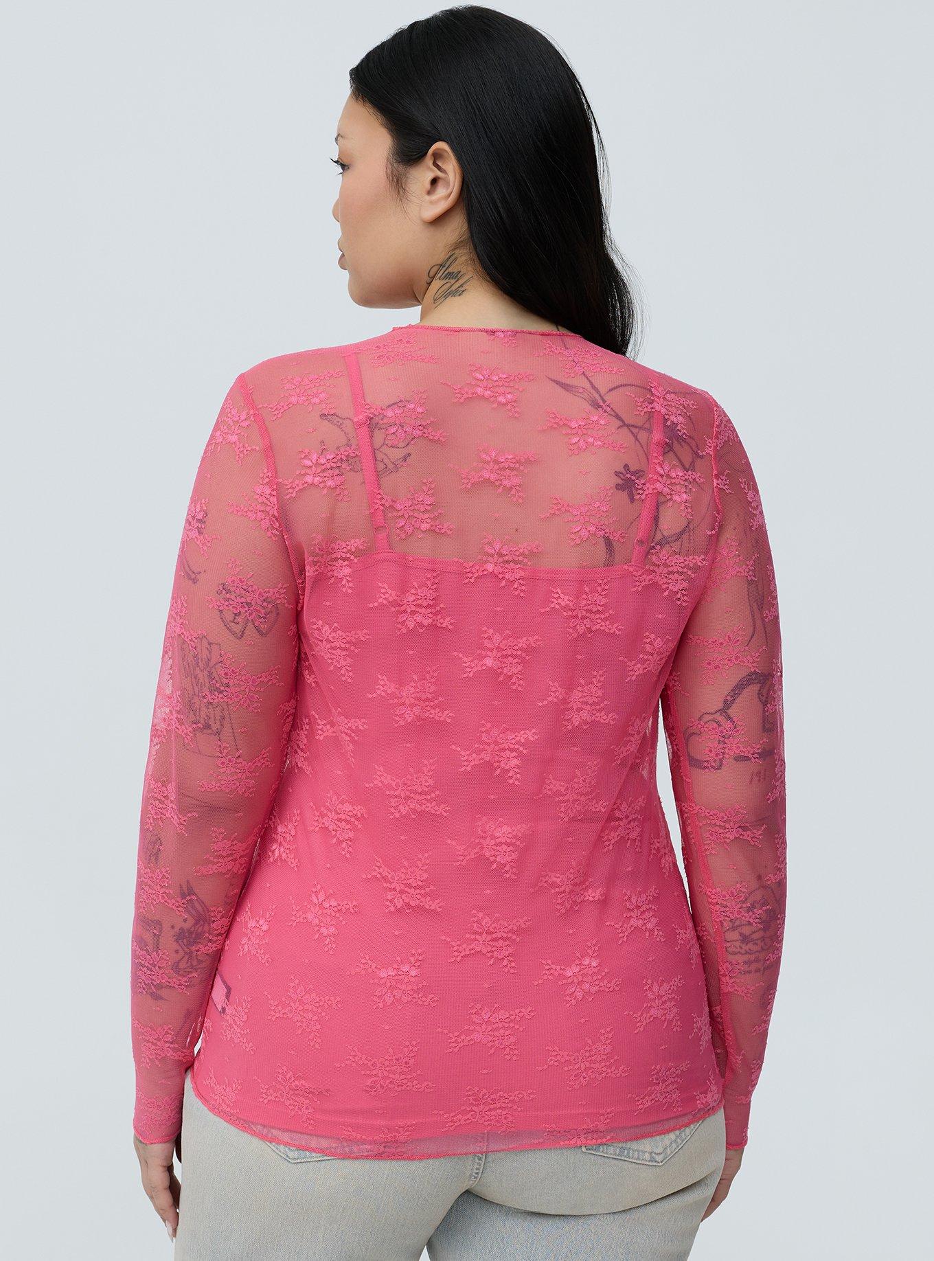 Sheer Lace Long Sleeve Crew Top, FRUIT DOVE, alternate