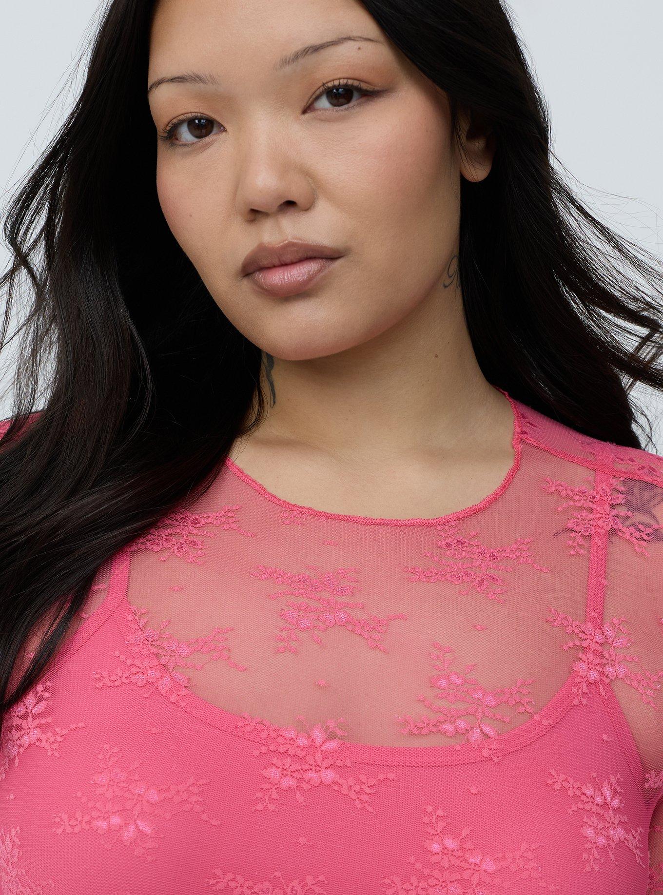 Sheer Lace Long Sleeve Crew Top, FRUIT DOVE, alternate