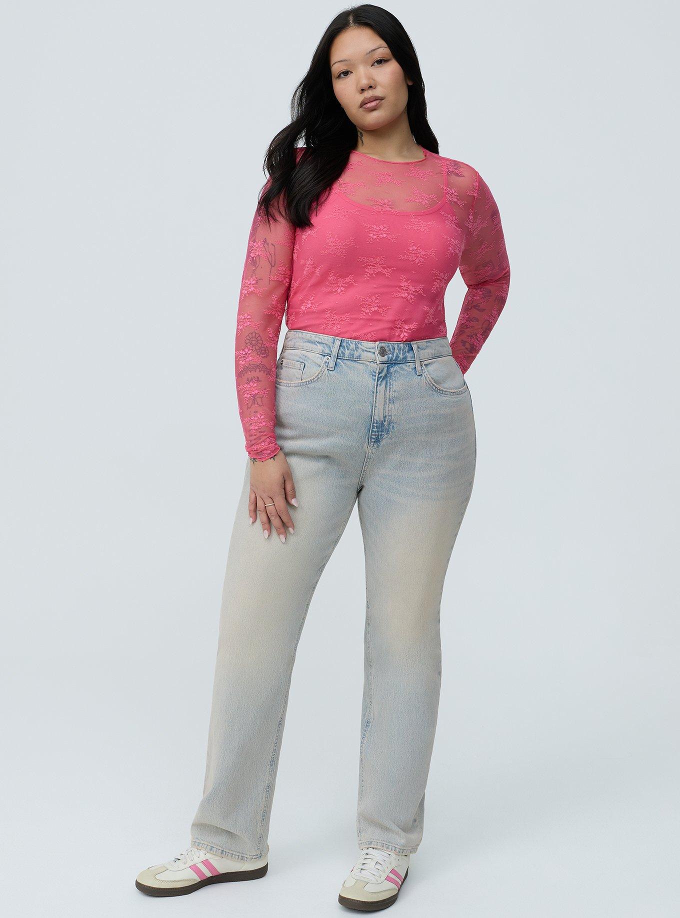 Sheer Lace Long Sleeve Crew Top, FRUIT DOVE, alternate