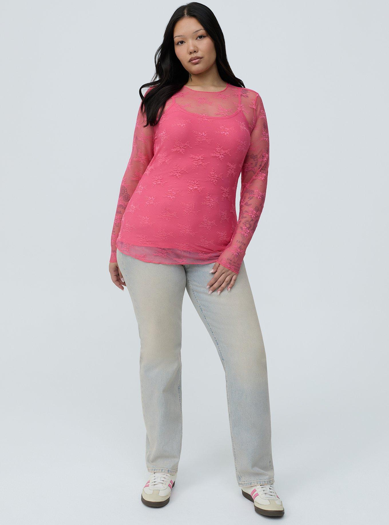 Sheer Lace Long Sleeve Crew Top, FRUIT DOVE, alternate